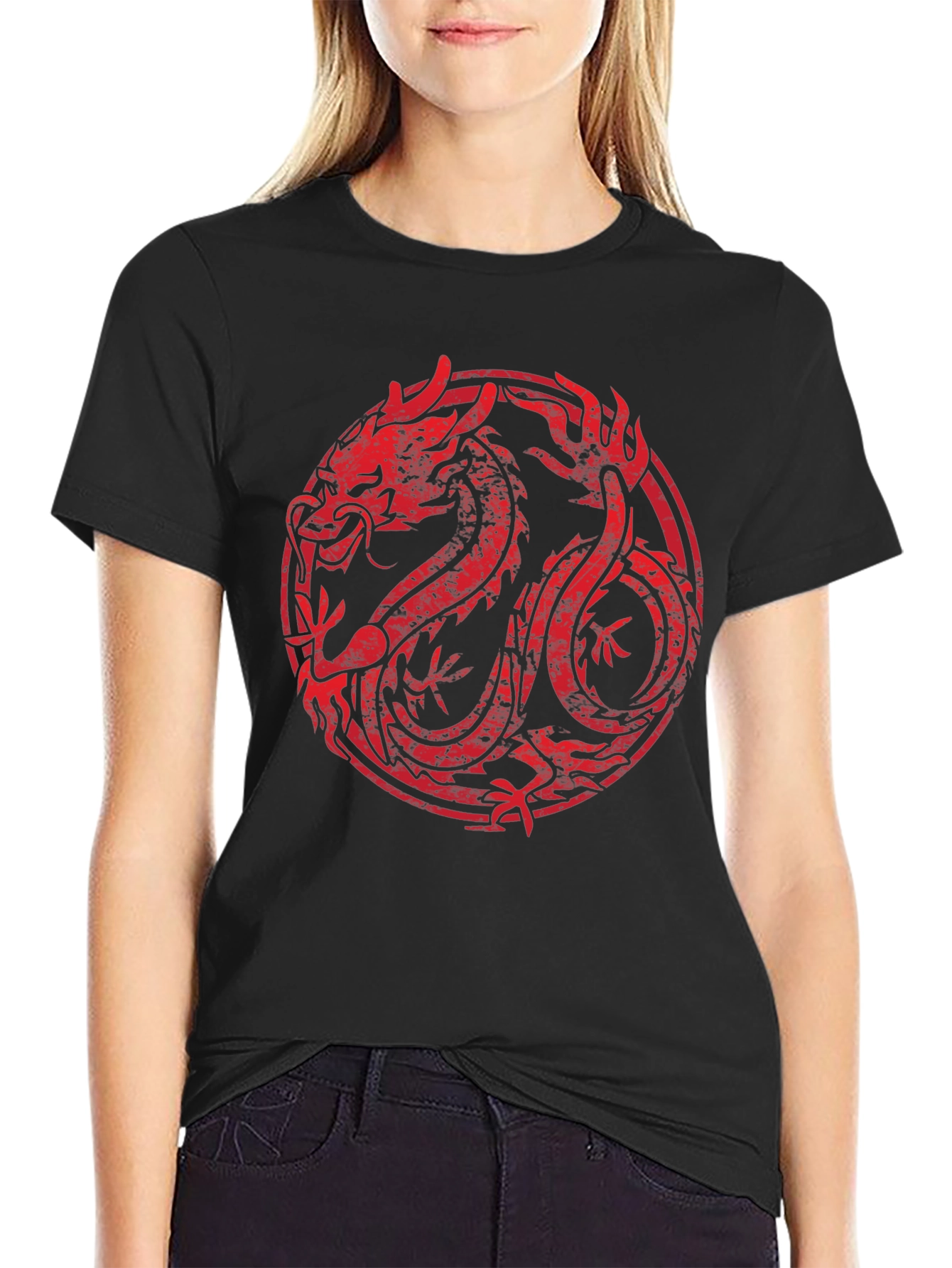 Red Dragon Circle Graphic Black T-Shirt