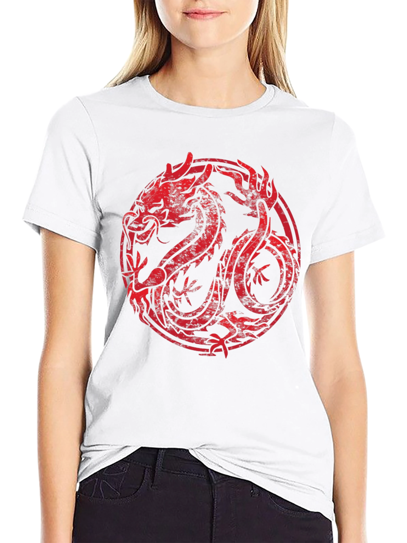 Red Dragon Circle Graphic Black T-Shirt