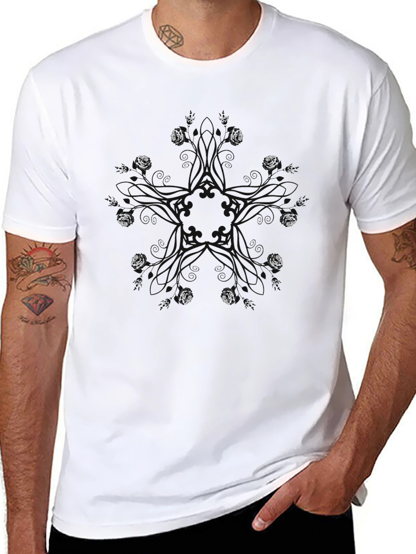 Abstract Floral Pattern Mens Black T-Shirt