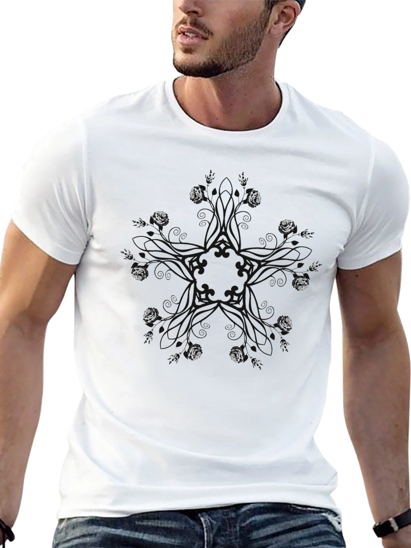 Abstract Floral Pattern Mens Black T-Shirt
