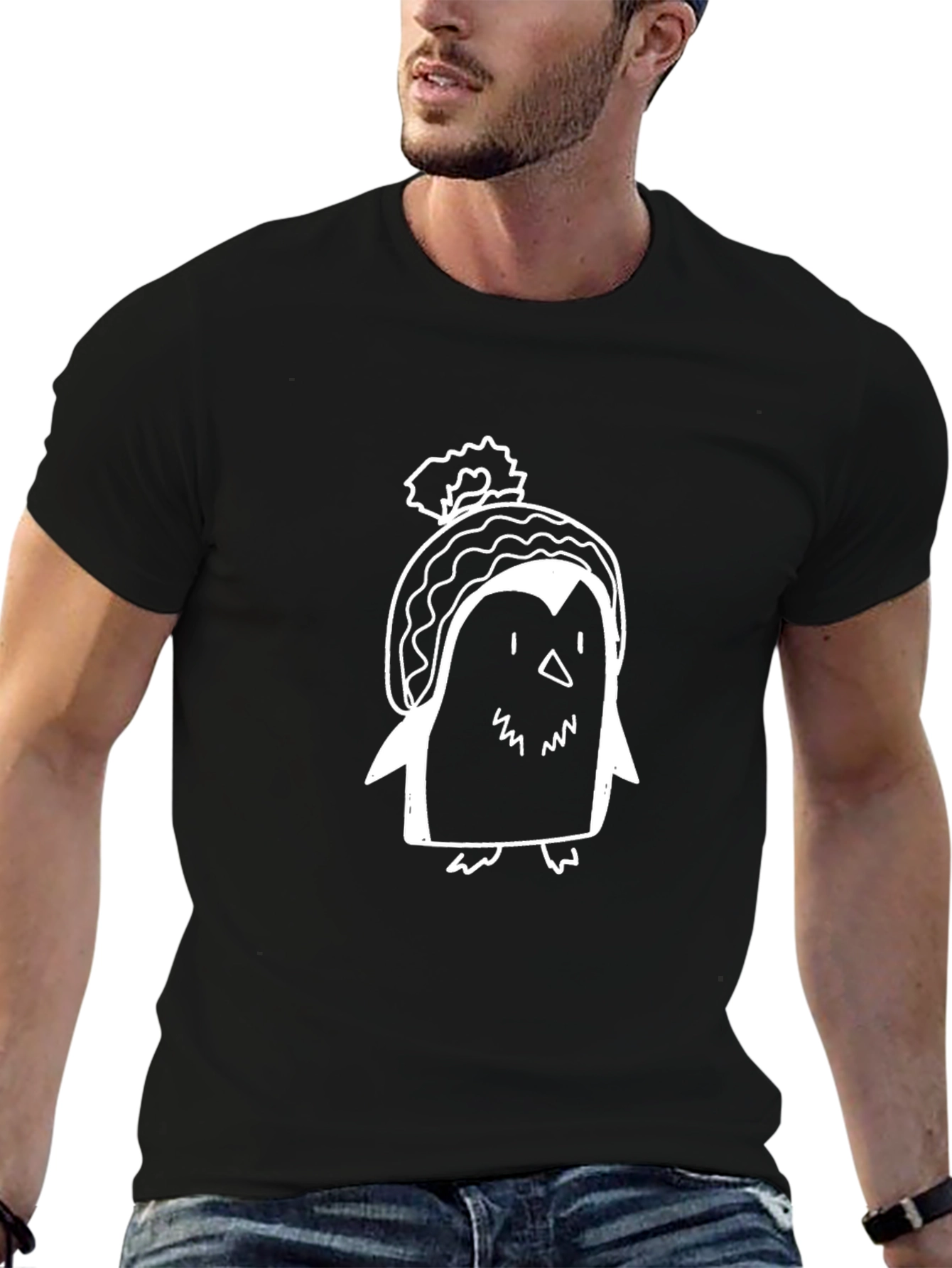 Penguin in Beanie Graphic T-Shirt