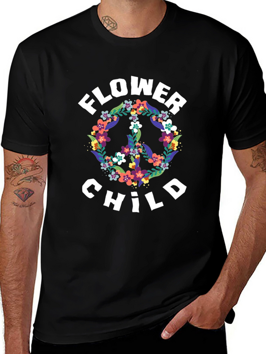 Flower Child Peace Sign Graphic Tee - Black
