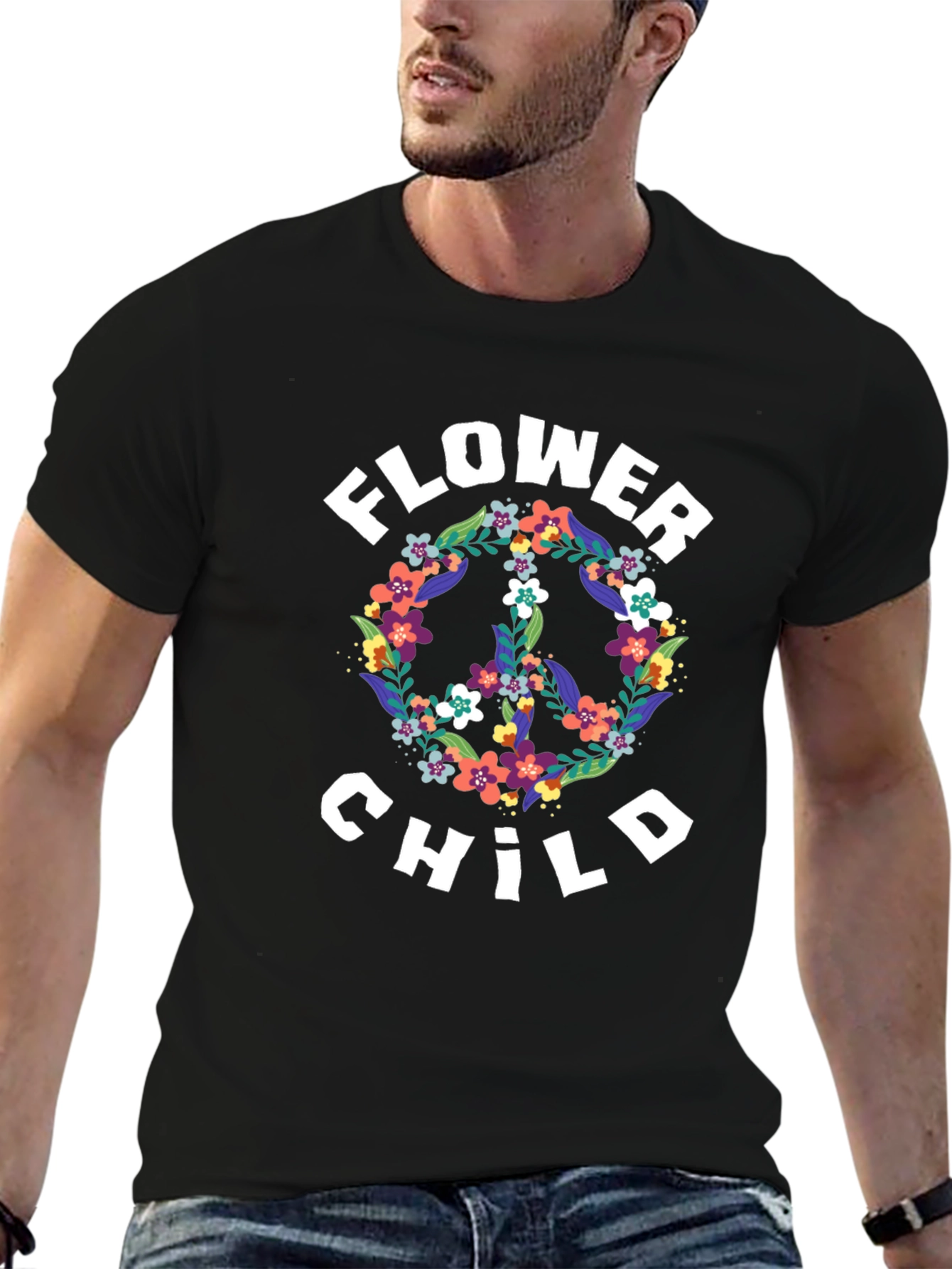 Flower Child Peace Sign Graphic Tee - Black