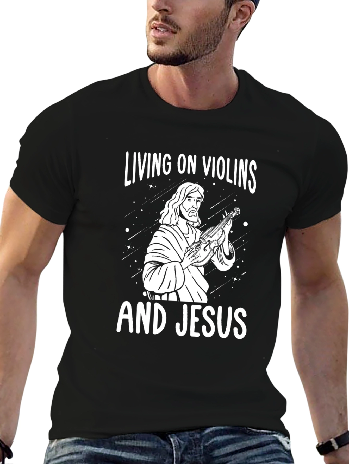 Living on Violins and Jesus Black Graphic Tee