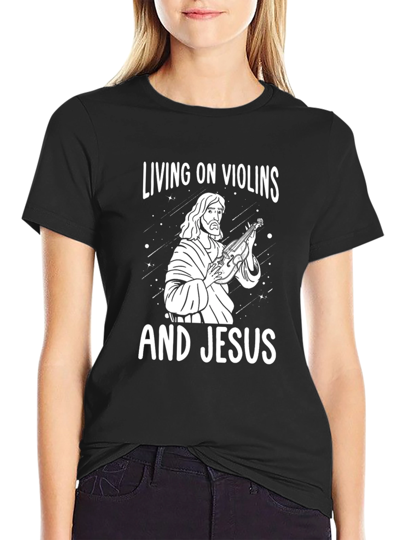 Living on Violins and Jesus Black Graphic Tee