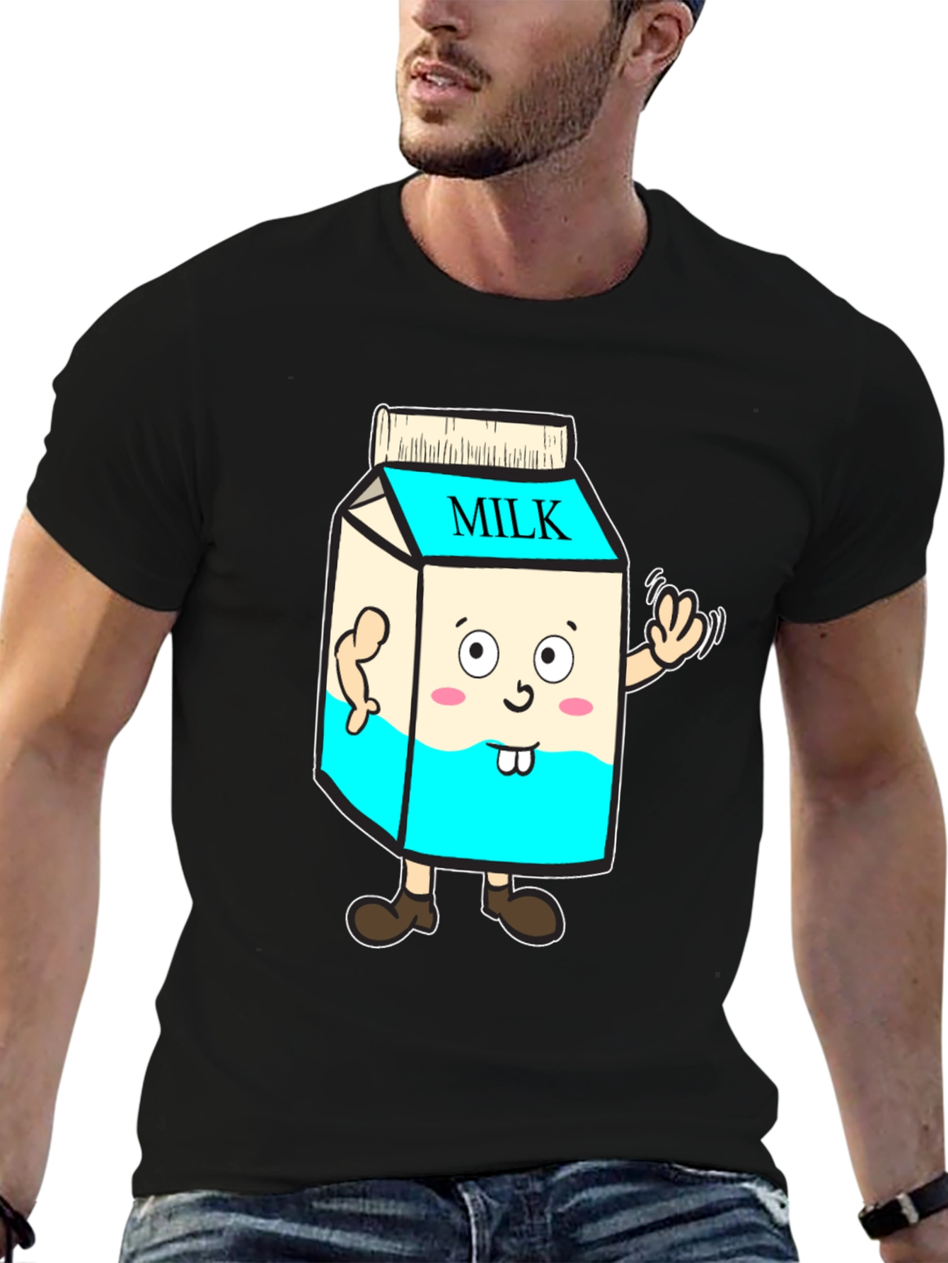 Funny Milk Carton Character T-Shirt - Black Cotton Tee