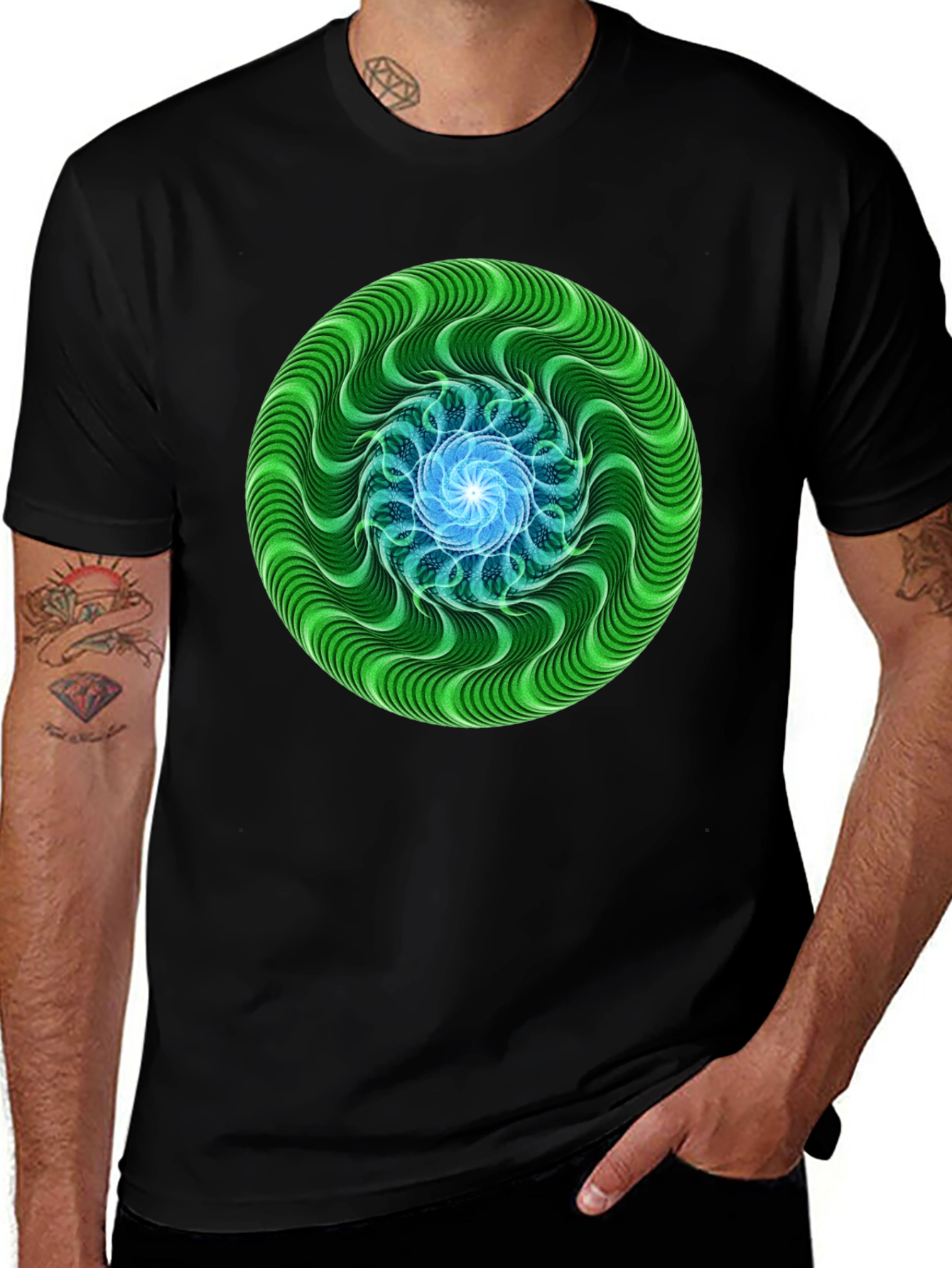 Green & Blue Swirl Graphic Black T-Shirt