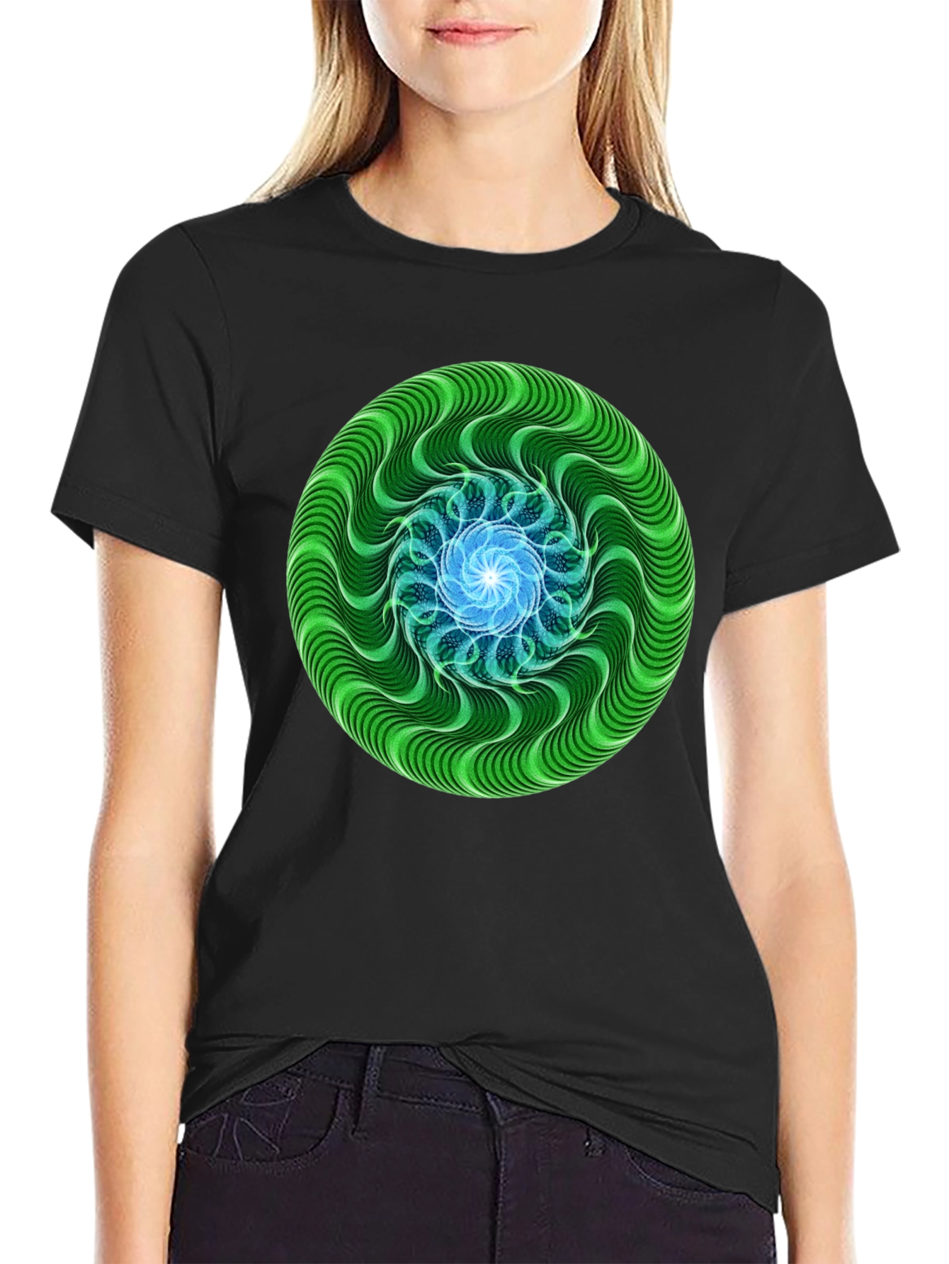 Green & Blue Swirl Graphic Black T-Shirt