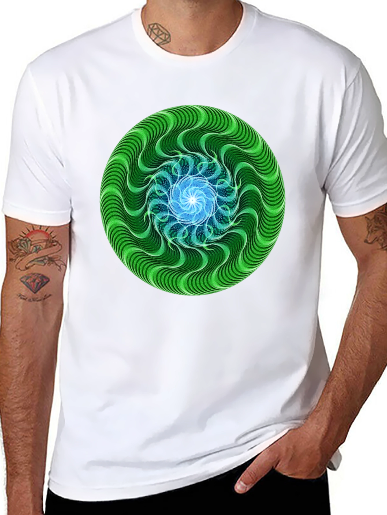 Green & Blue Swirl Graphic Black T-Shirt