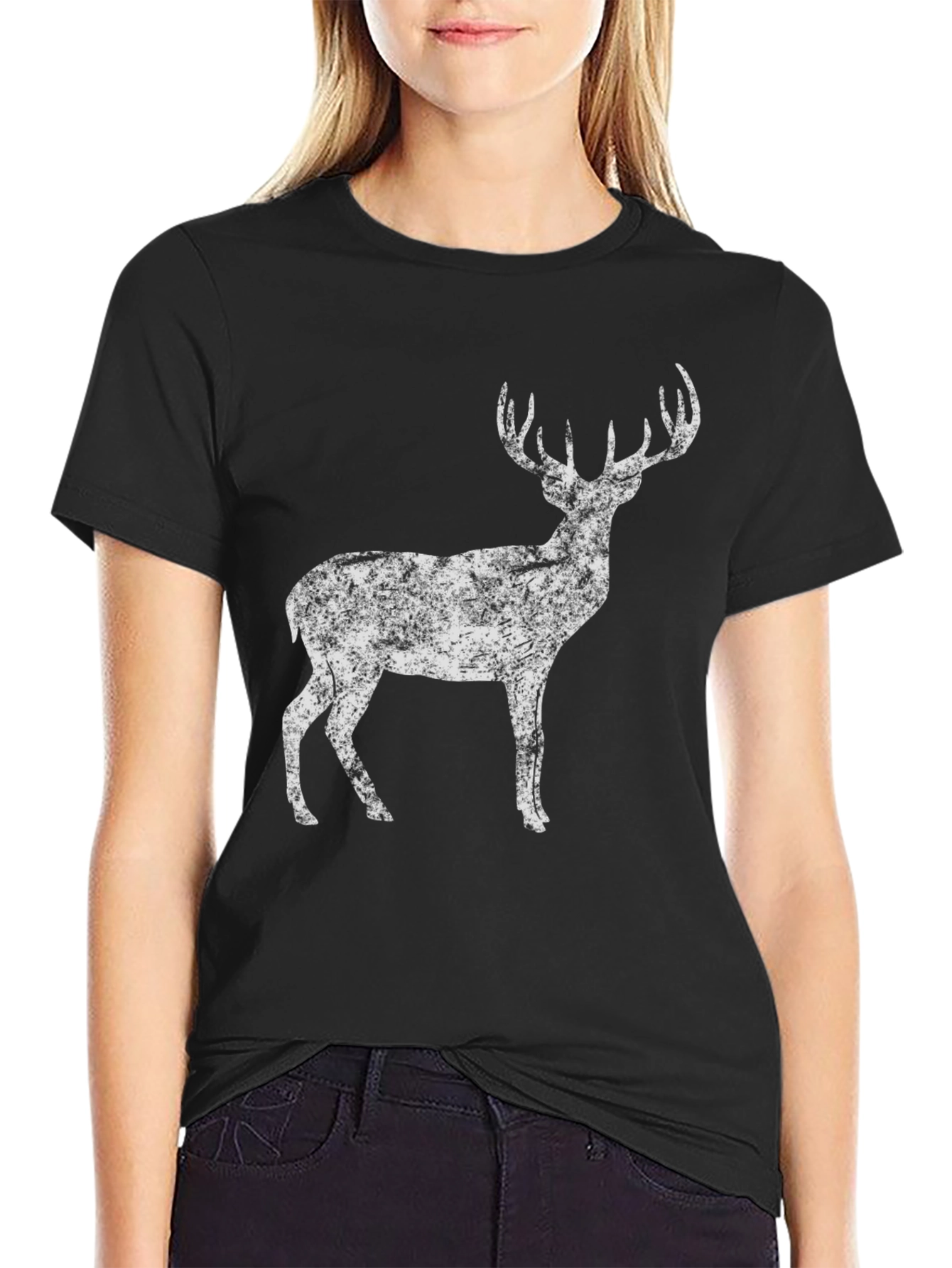Distressed Deer Graphic Tee - Unisex Black Cotton T-Shirt
