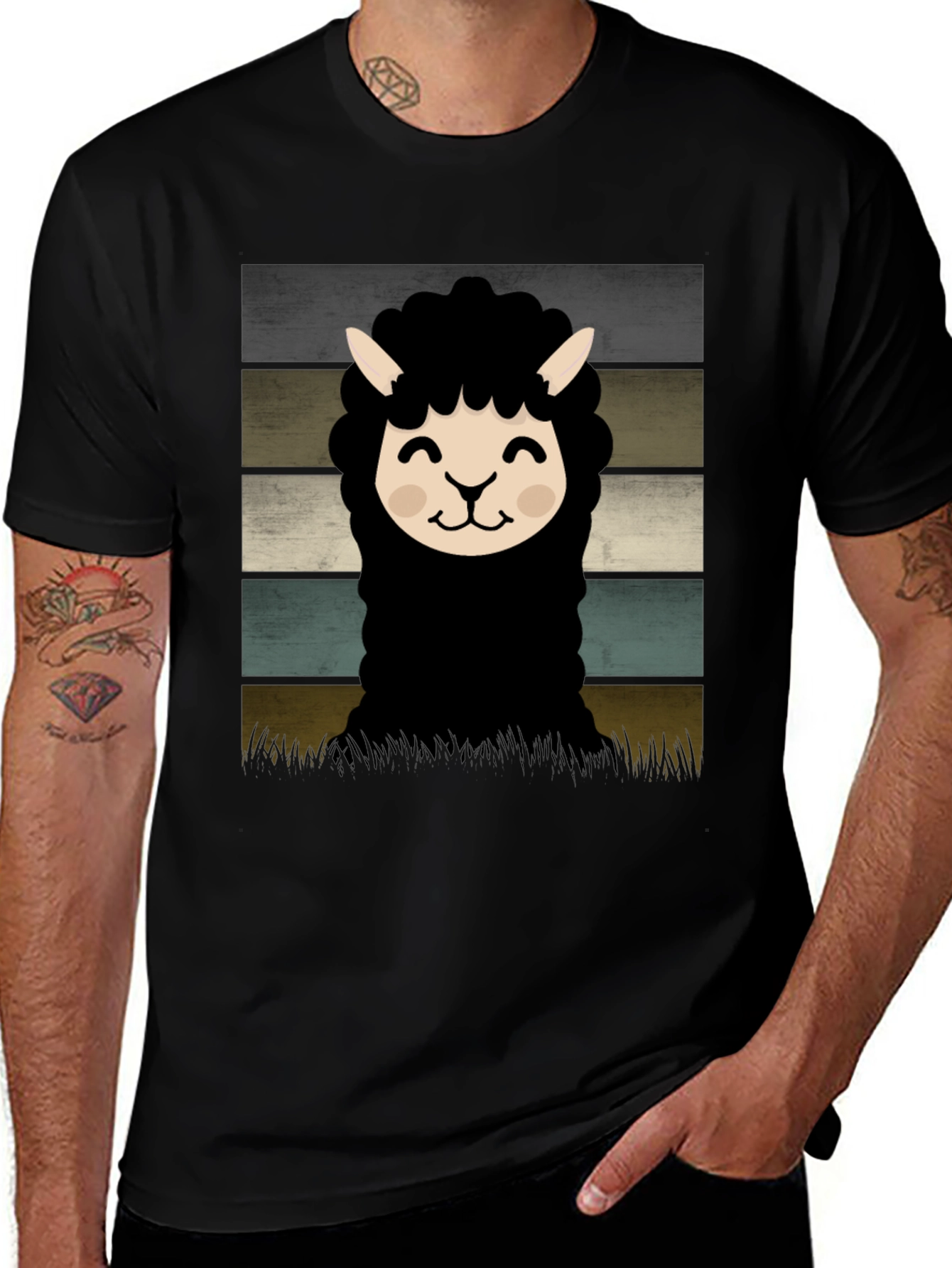 Retro Alpaca Graphic Tee - Black Cotton Blend