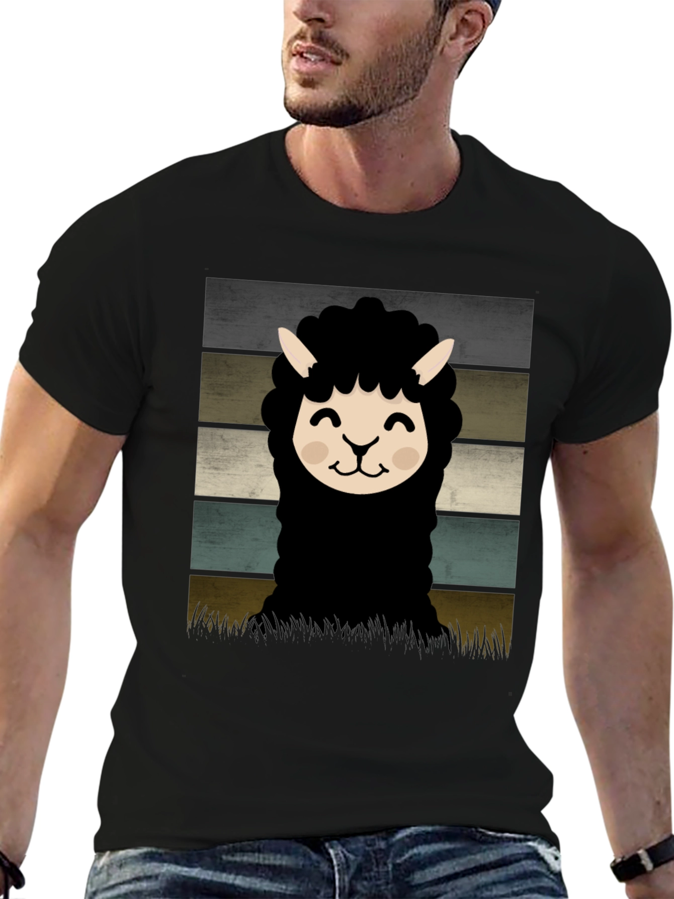 Retro Alpaca Graphic Tee - Black Cotton Blend