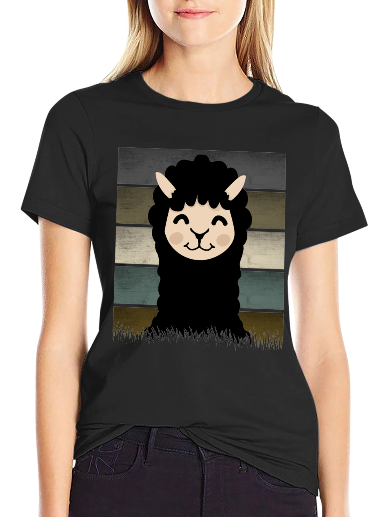 Retro Alpaca Graphic Tee - Black Cotton Blend