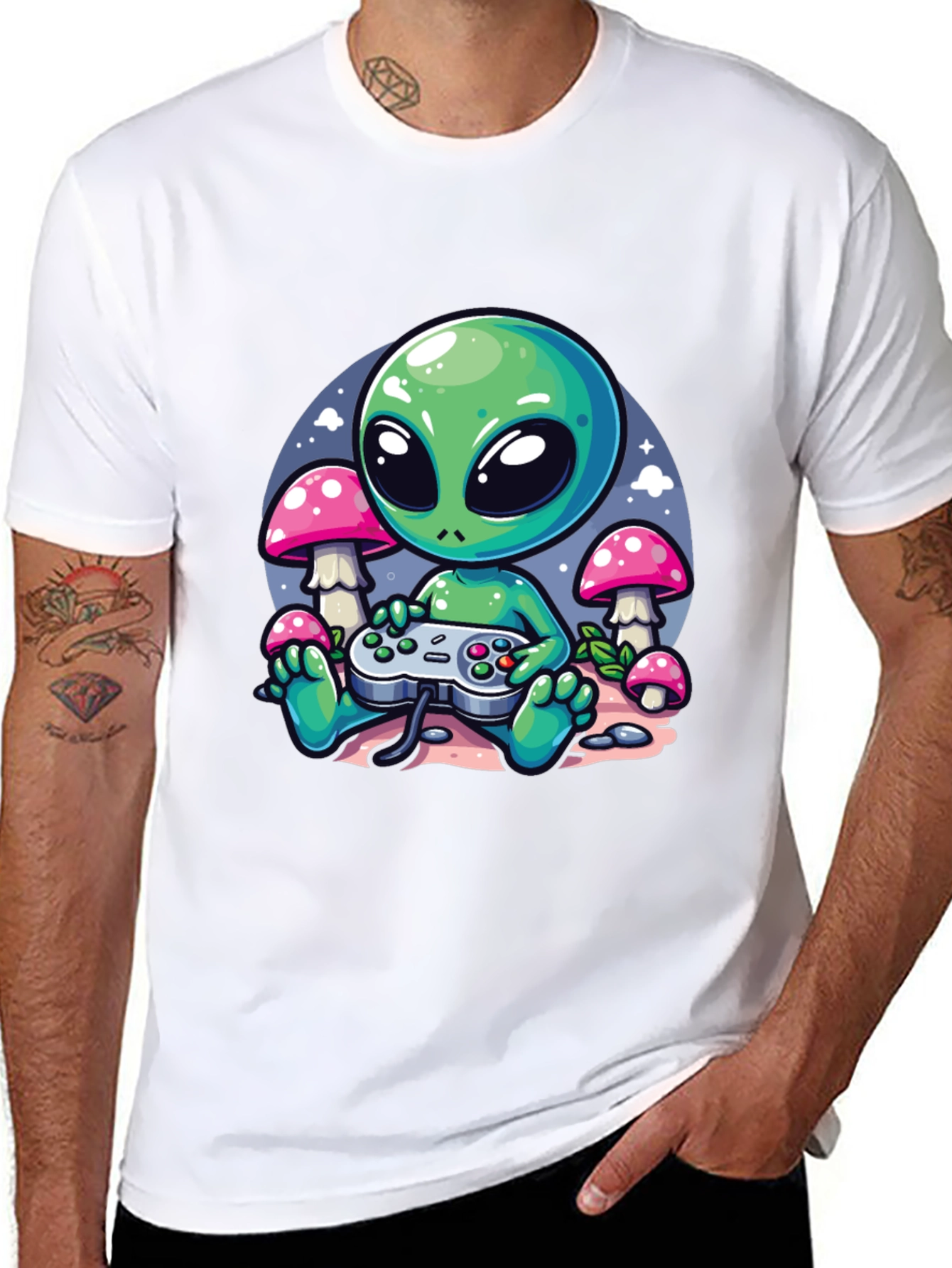 Alien Gamer Graphic Tee - Black Cotton T-Shirt