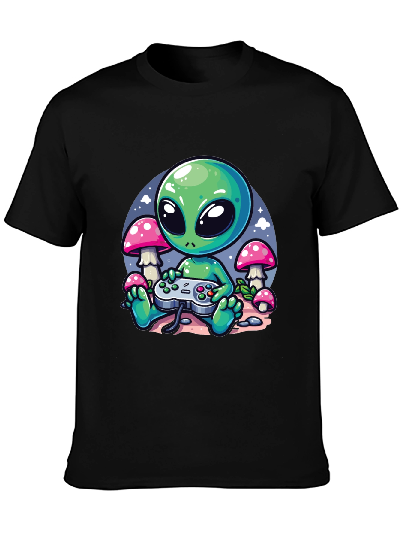 Alien Gamer Graphic Tee - Black Cotton T-Shirt