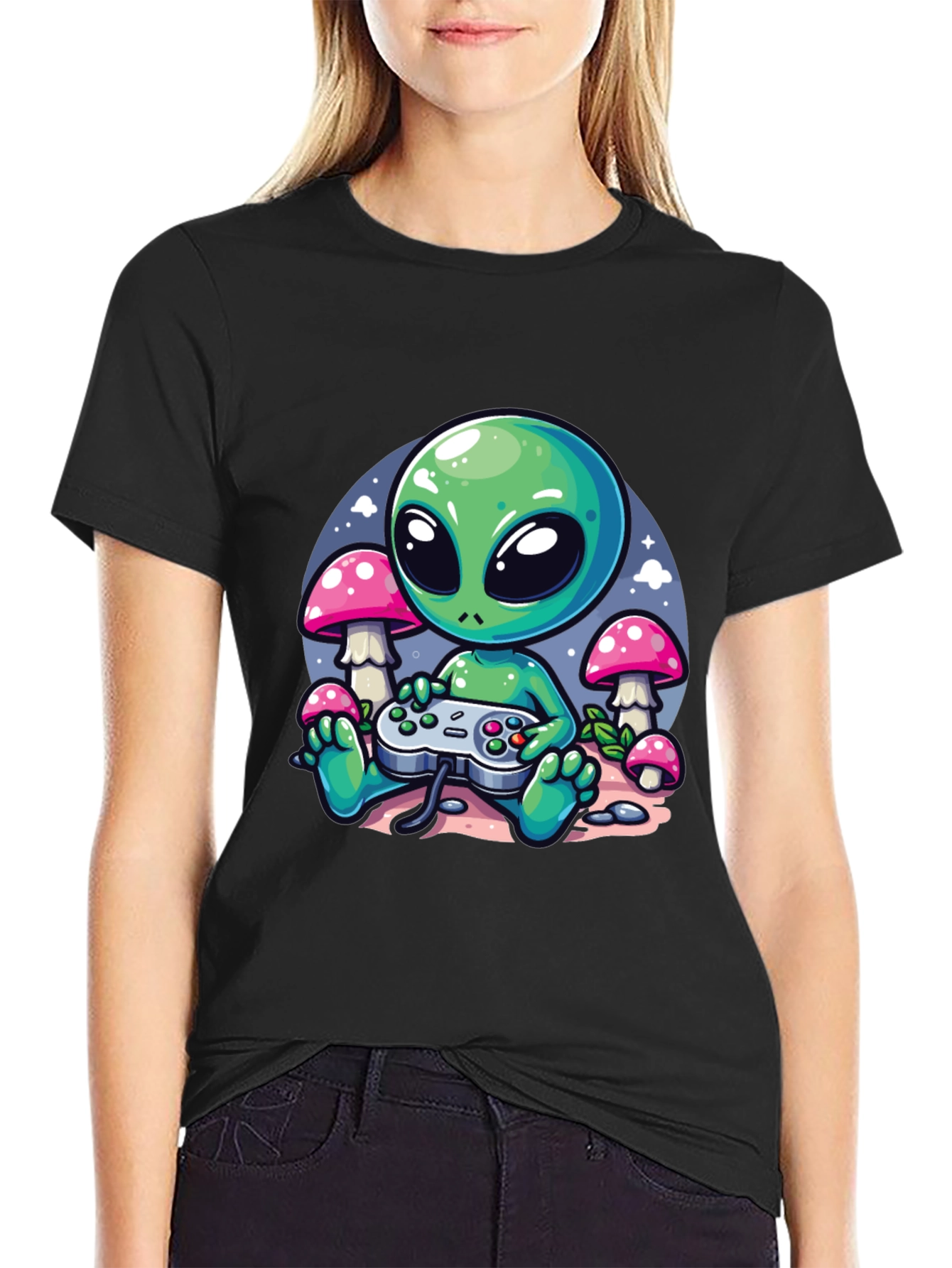 Alien Gamer Graphic Tee - Black Cotton T-Shirt