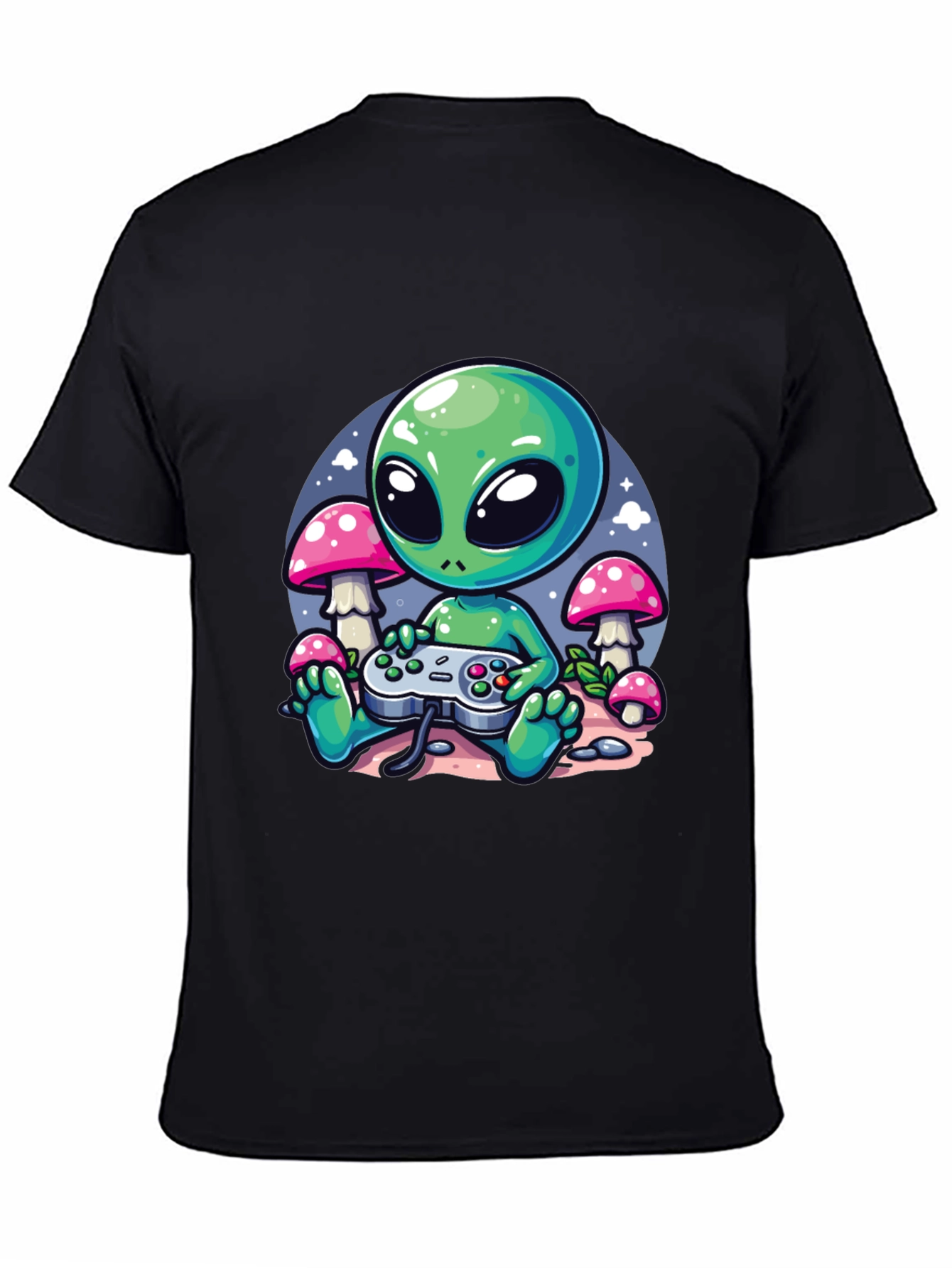 Alien Gamer Graphic Tee - Black Cotton T-Shirt