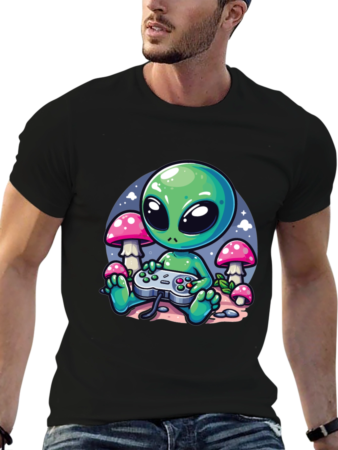 Alien Gamer Graphic Tee - Black Cotton T-Shirt