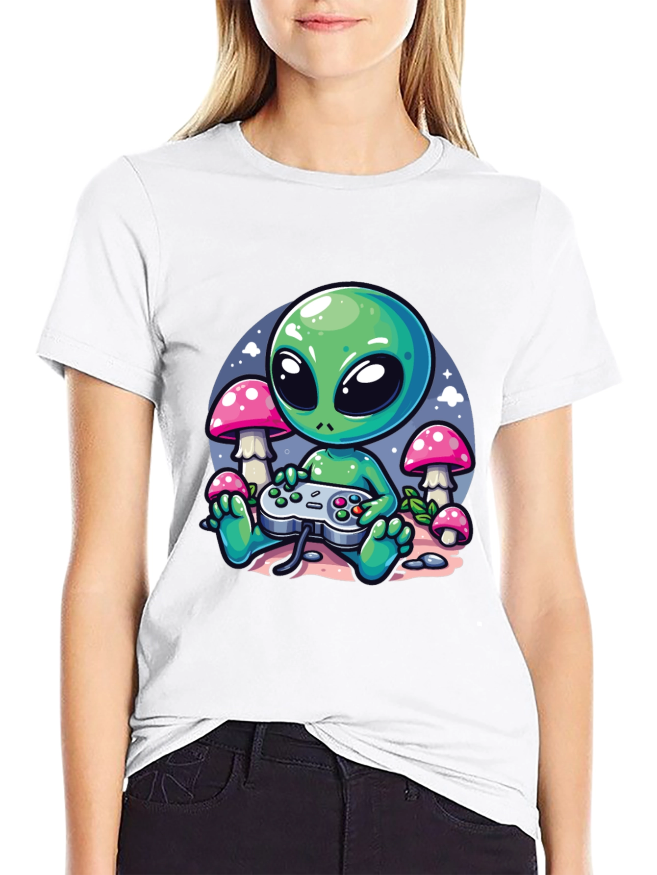 Alien Gamer Graphic Tee - Black Cotton T-Shirt