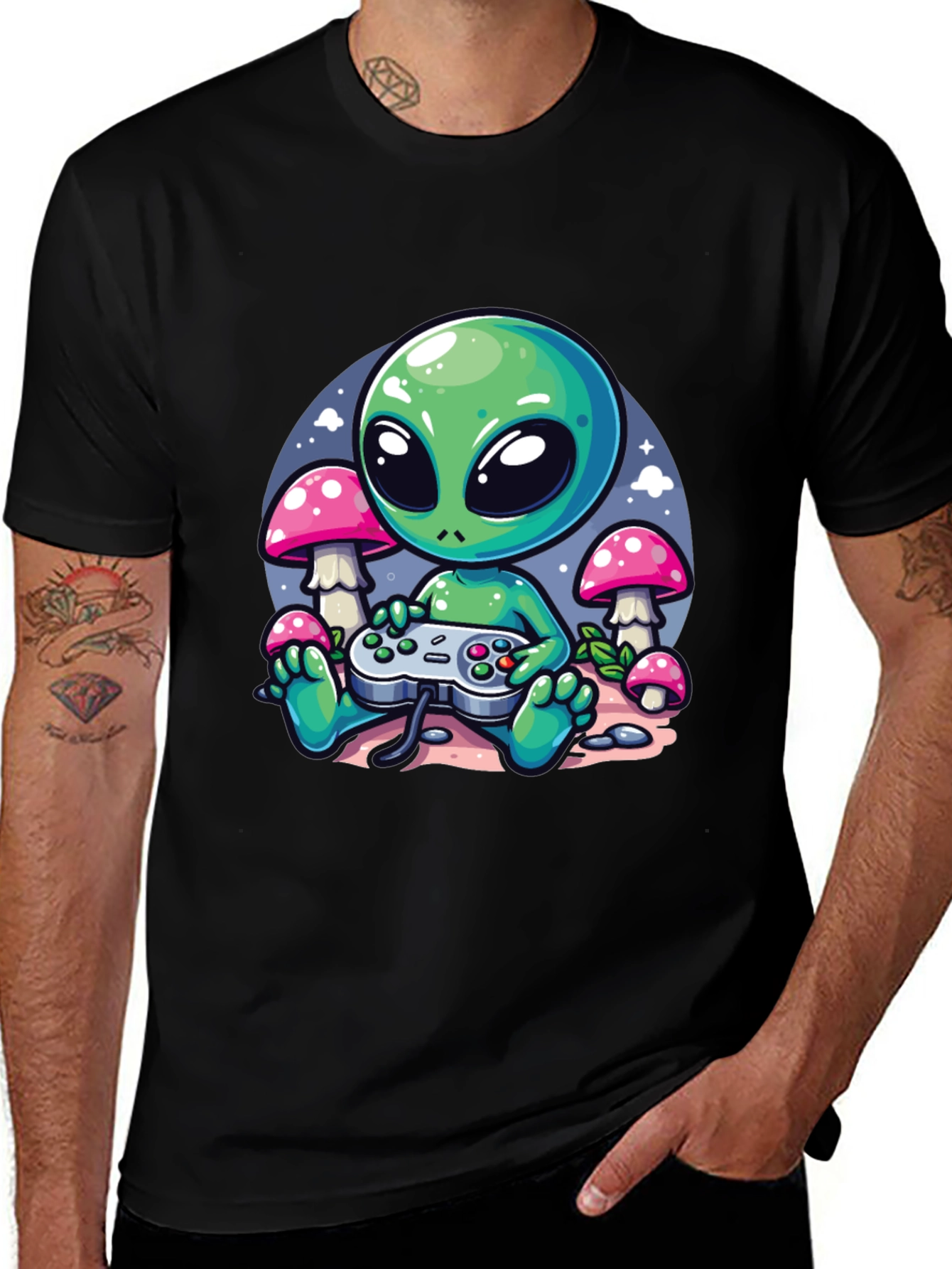 Alien Gamer Graphic Tee - Black Cotton T-Shirt