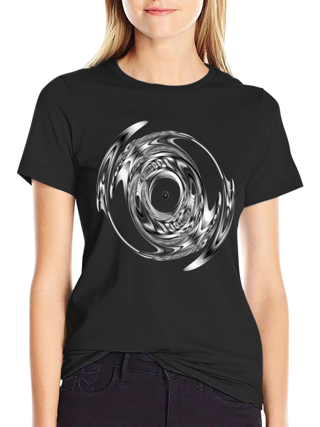 Abstract Vortex Graphic Print Black T-Shirt