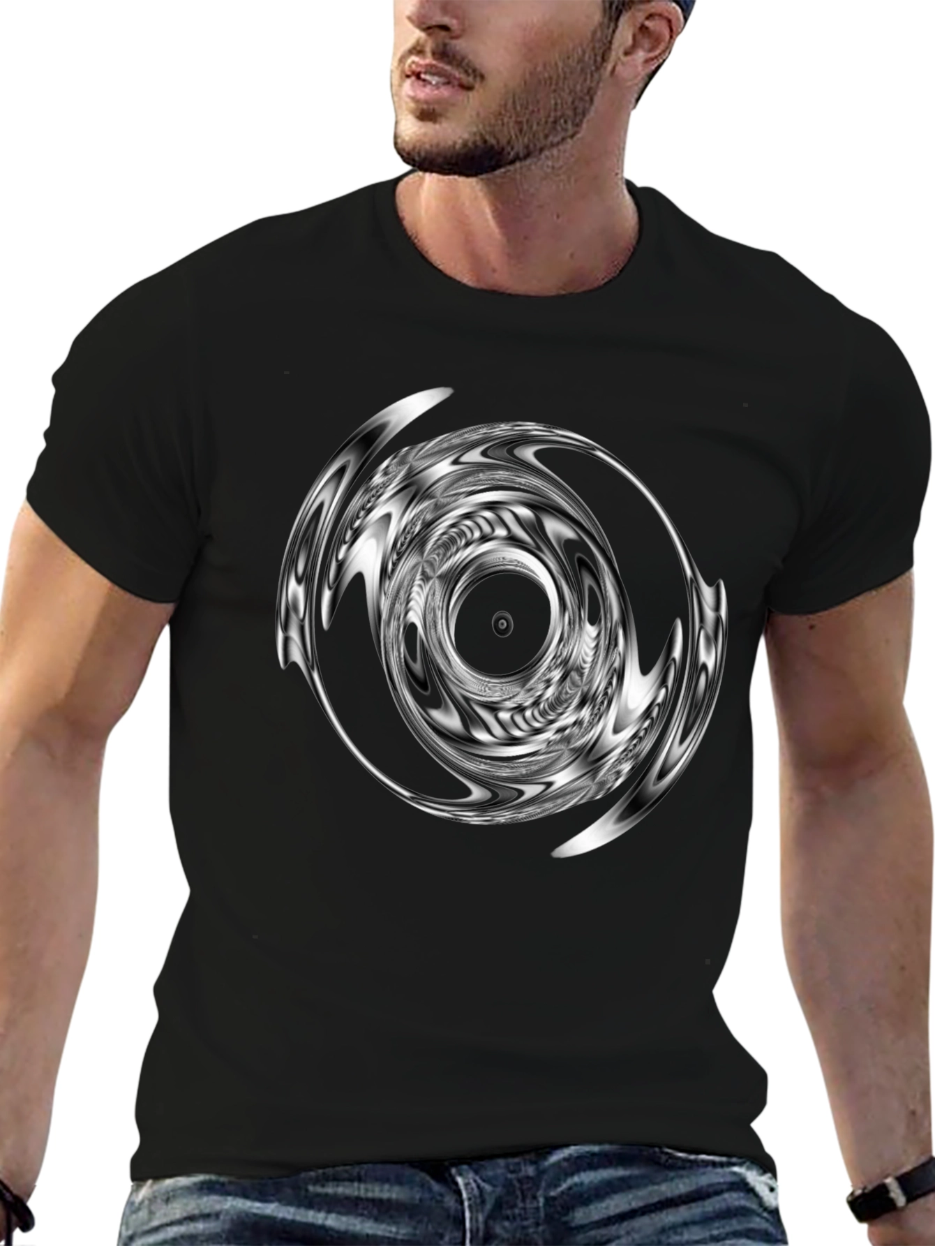 Abstract Vortex Graphic Print Black T-Shirt