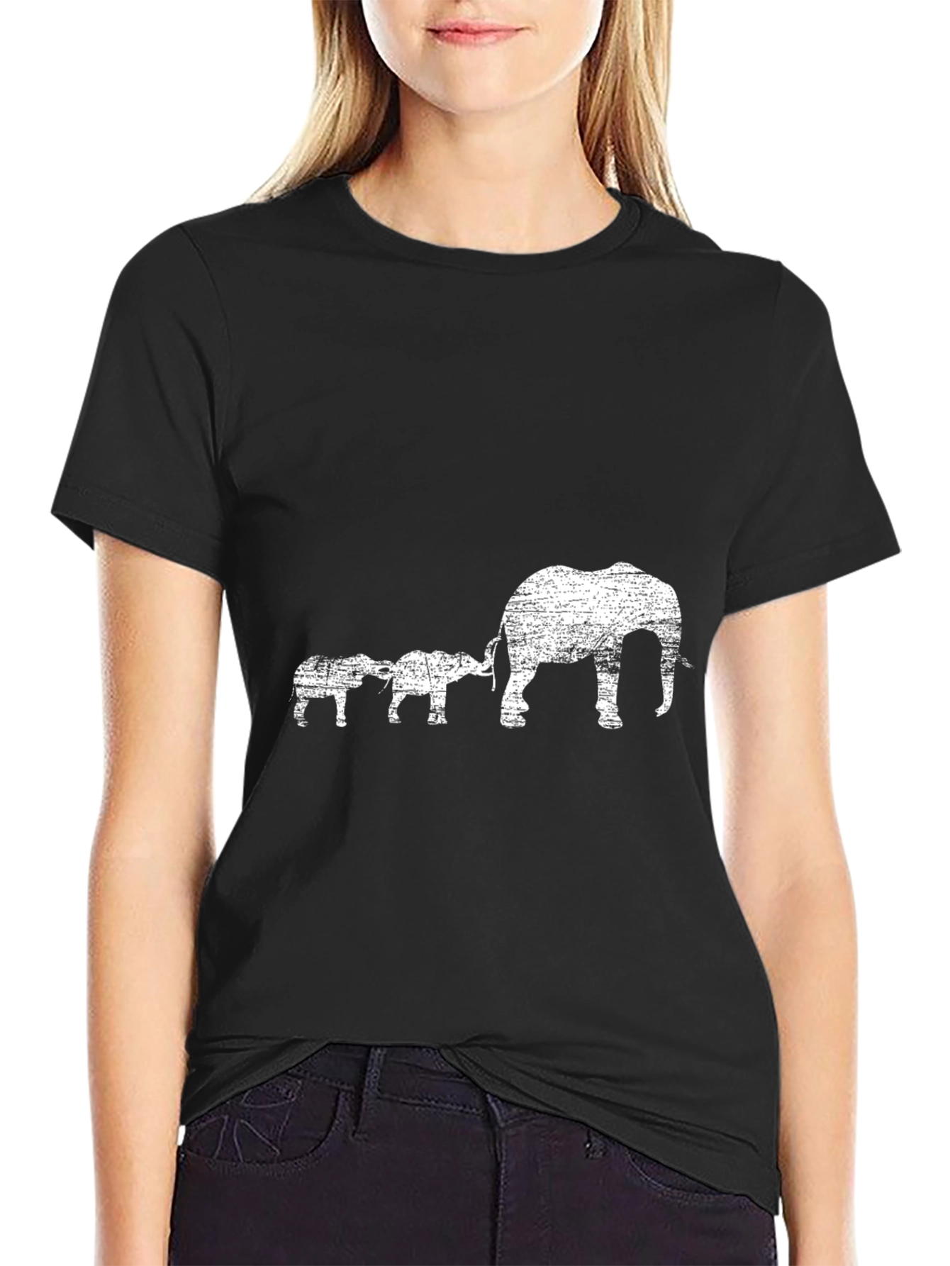 Elephant Family Graphic Tee - Black Cotton Casual T-Shirt