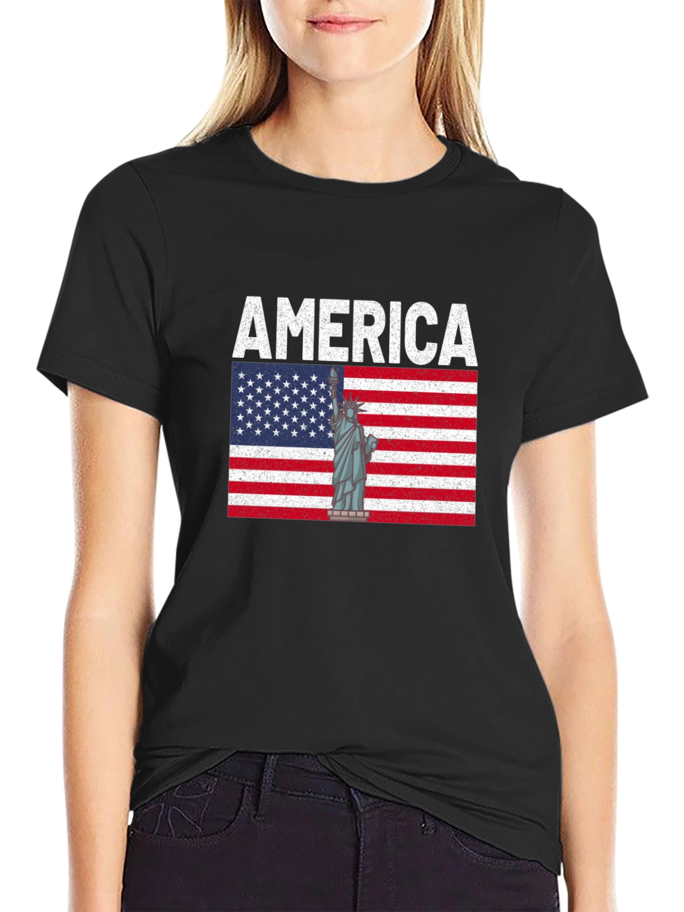 America Flag & Statue of Liberty Graphic T-Shirt
