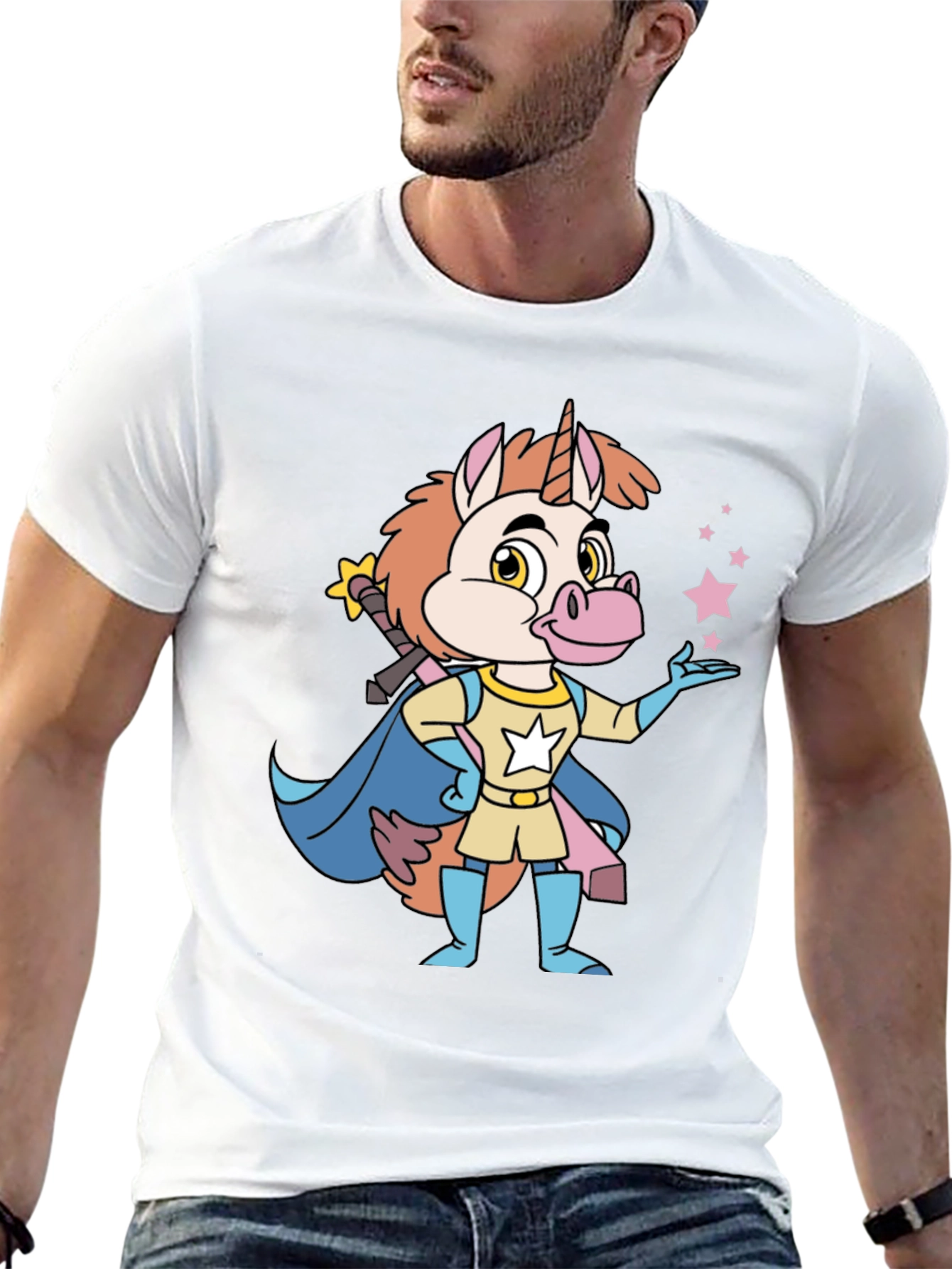 Cartoon Unicorn Superhero Black T-Shirt