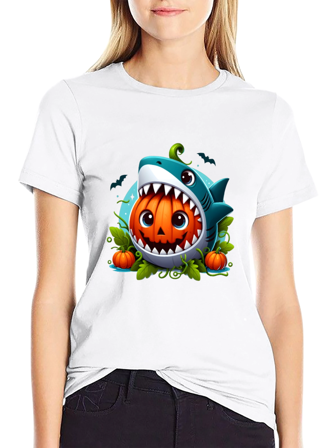 Shark Pumpkin Graphic Tee - Halloween Fun