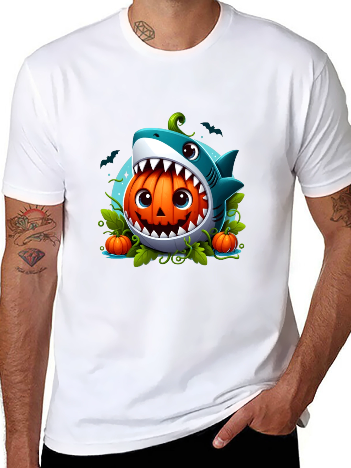 Shark Pumpkin Graphic Tee - Halloween Fun