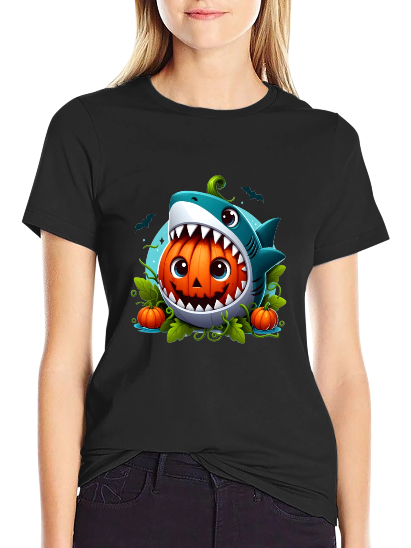 Shark Pumpkin Graphic Tee - Halloween Fun