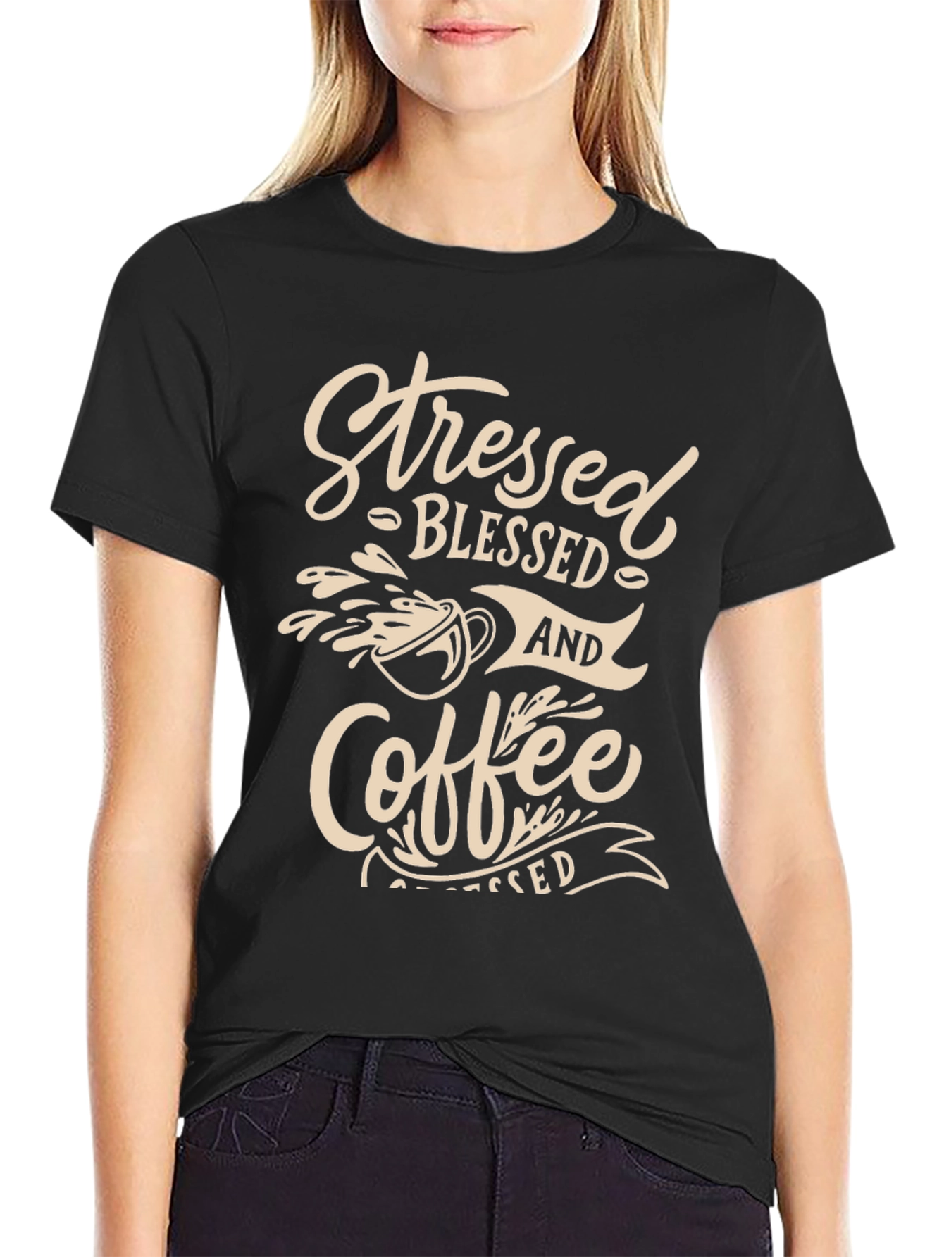 Stressed Blessed And Coffee Graphic Tee - Black