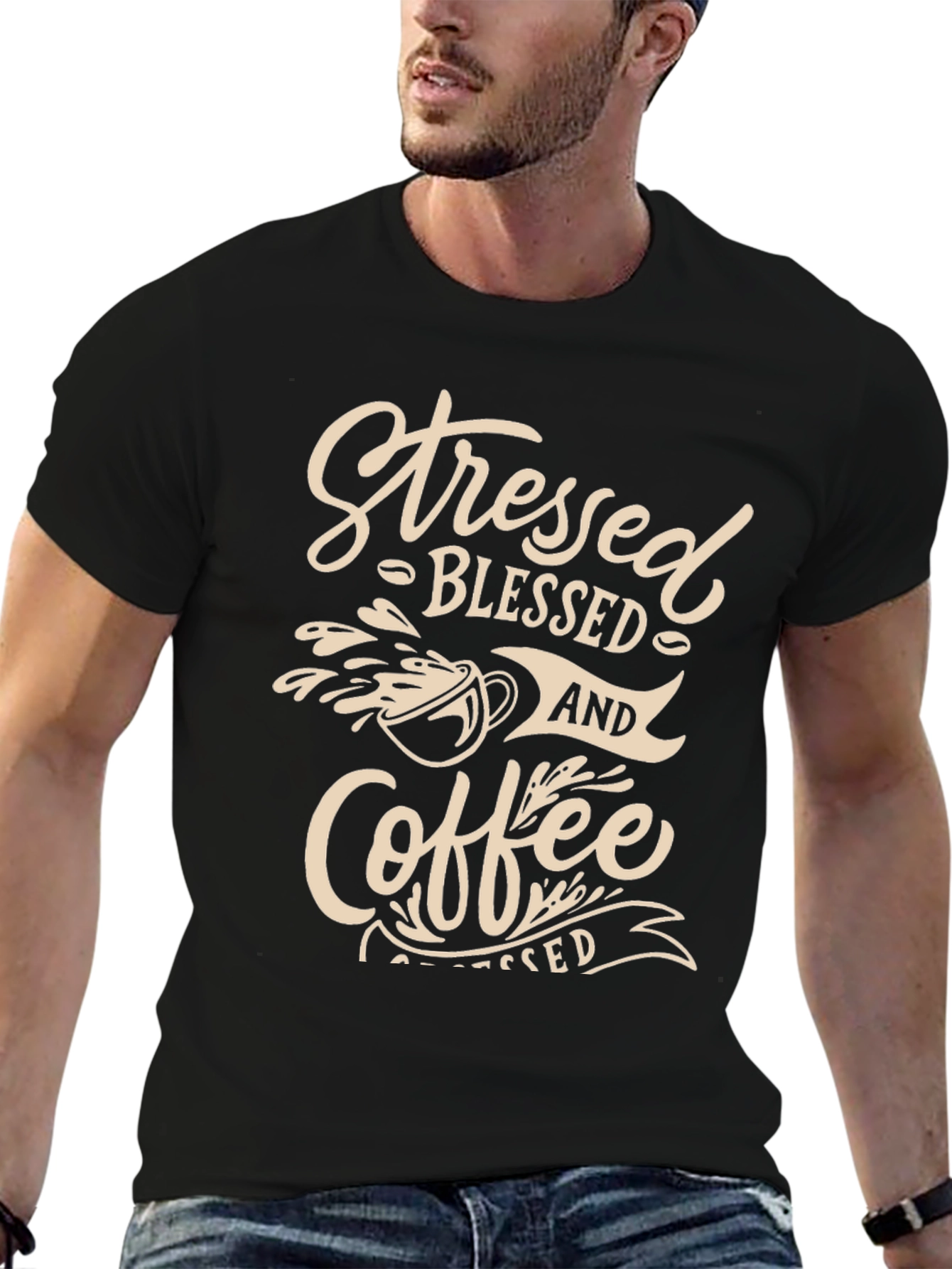 Stressed Blessed And Coffee Graphic Tee - Black