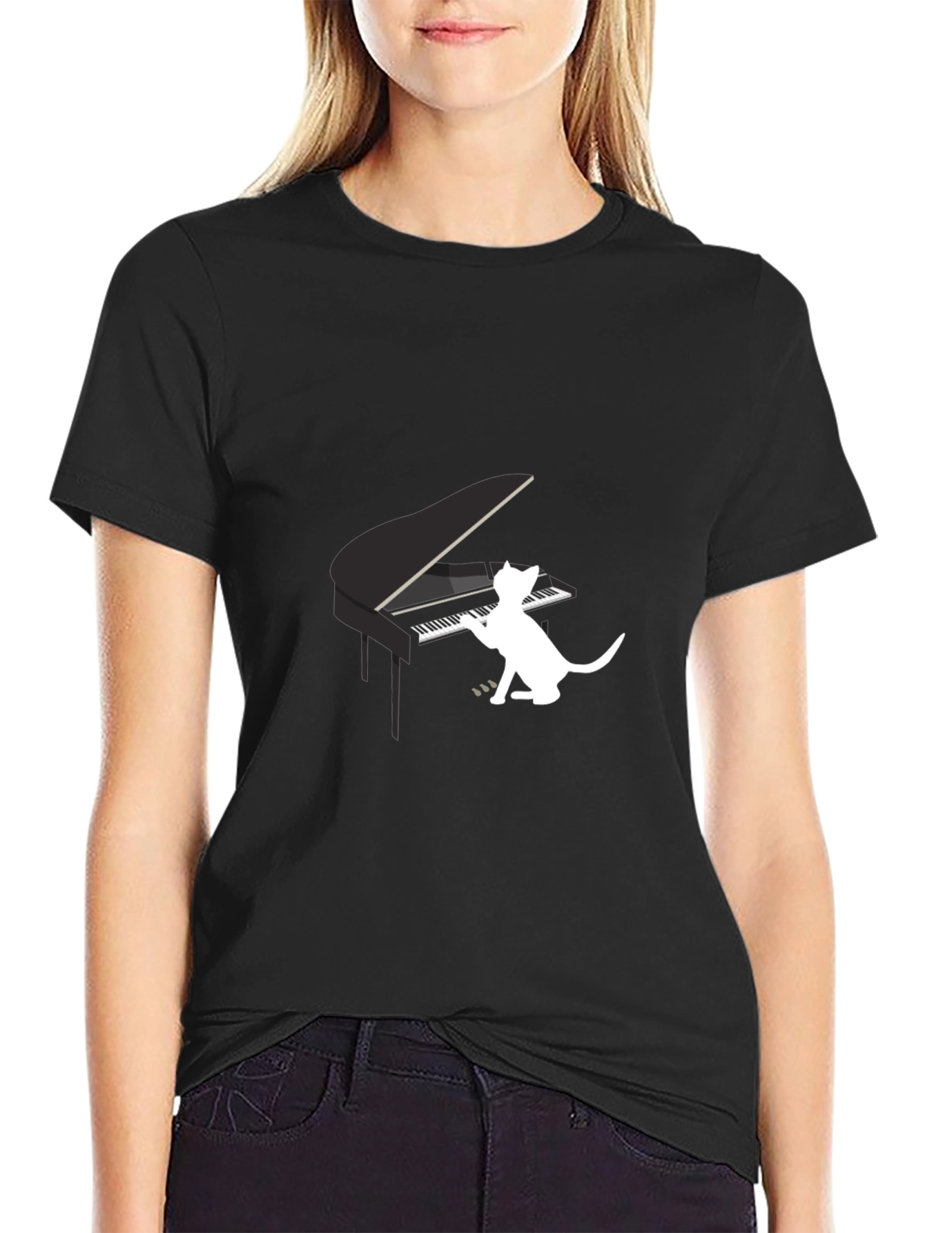 Cat Playing Piano Graphic Tee - Black