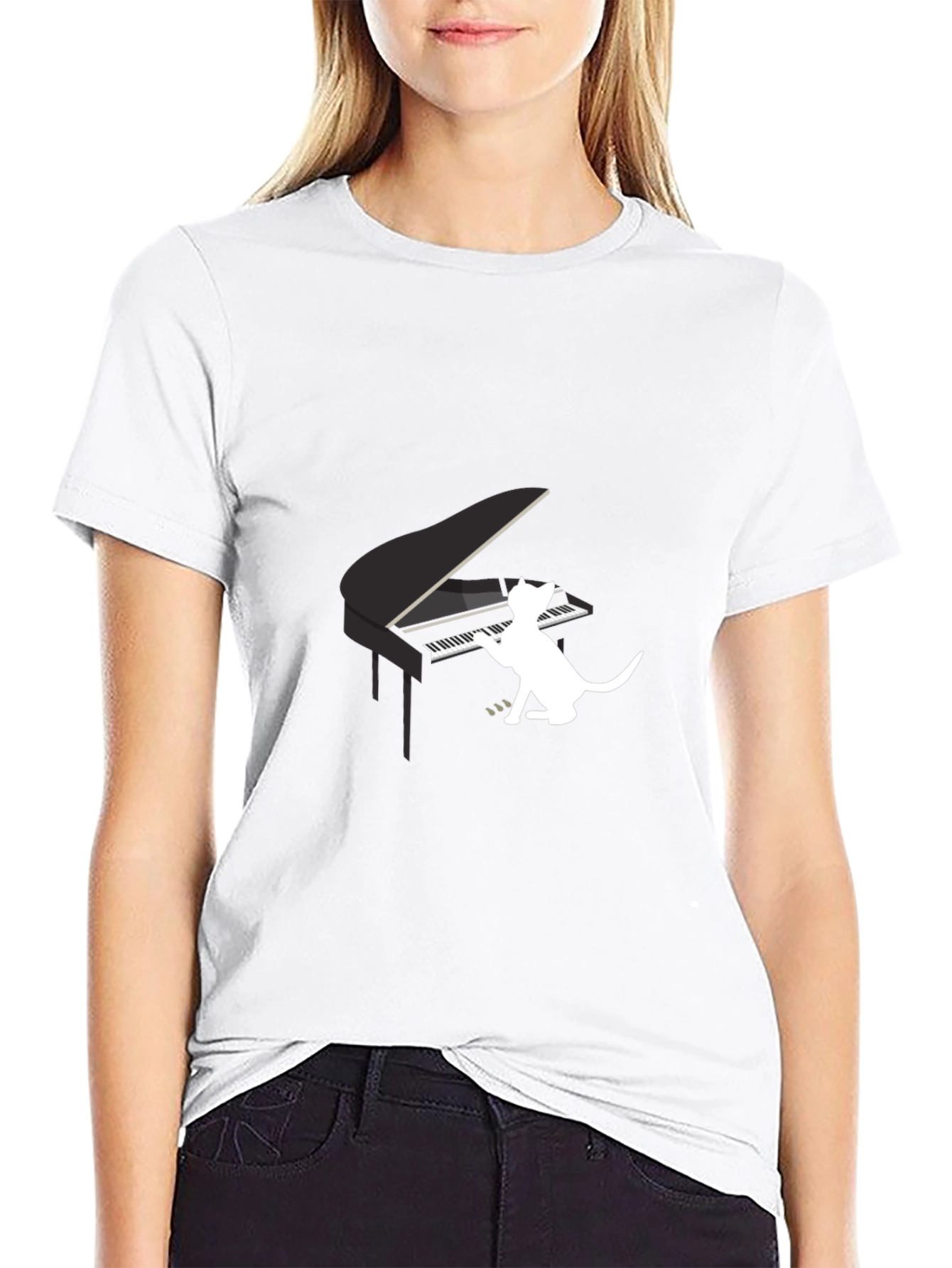 Cat Playing Piano Graphic Tee - Black