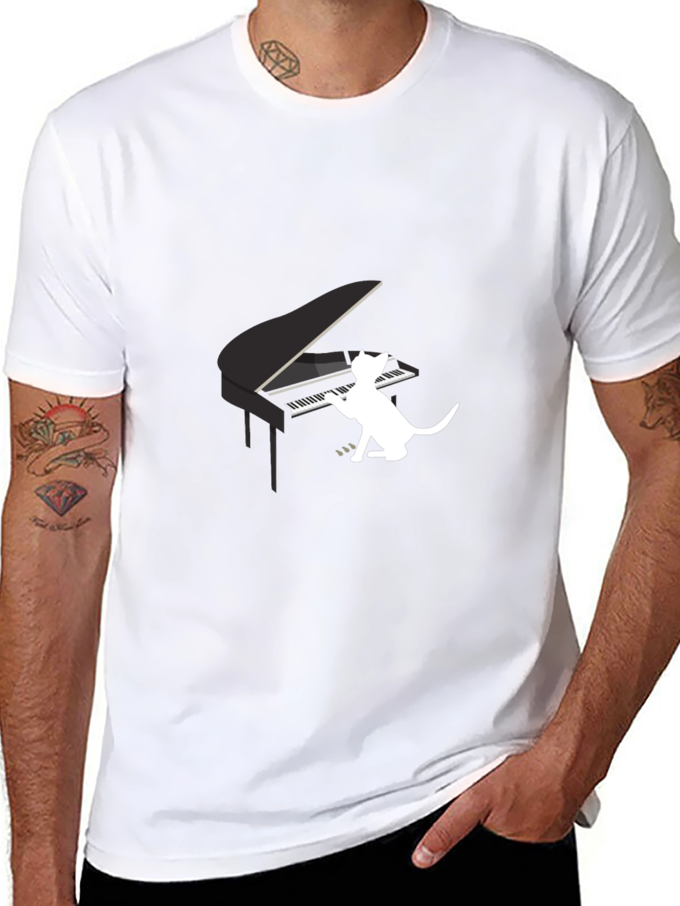Cat Playing Piano Graphic Tee - Black