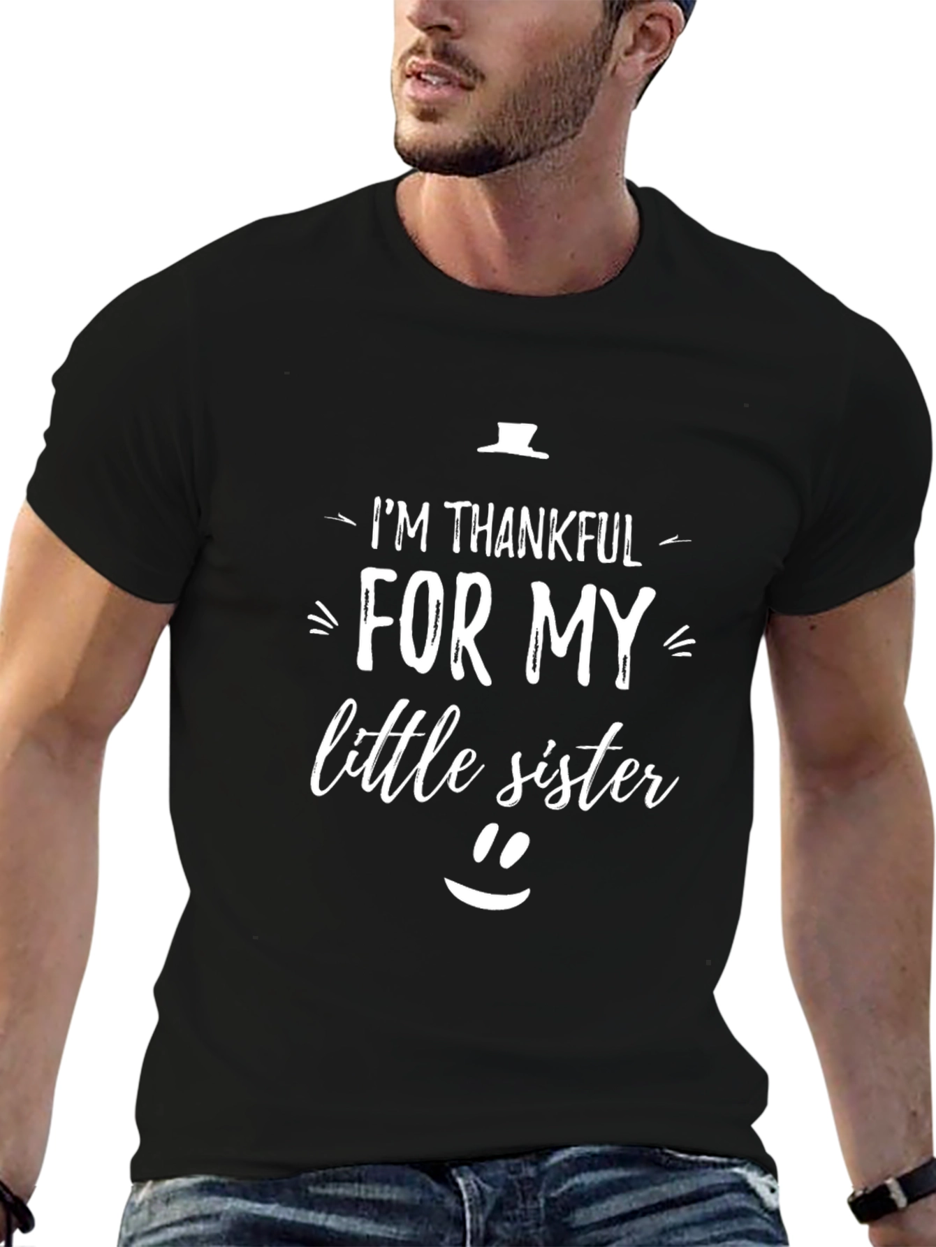 Thankful for My Little Sister Black Graphic T-Shirt