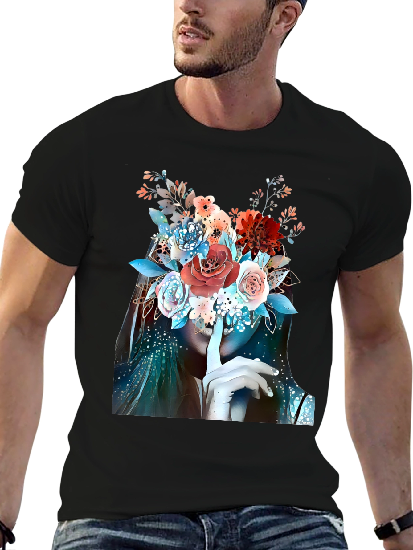 Floral Shhh Graphic T-Shirt - Elegant Artistic Design