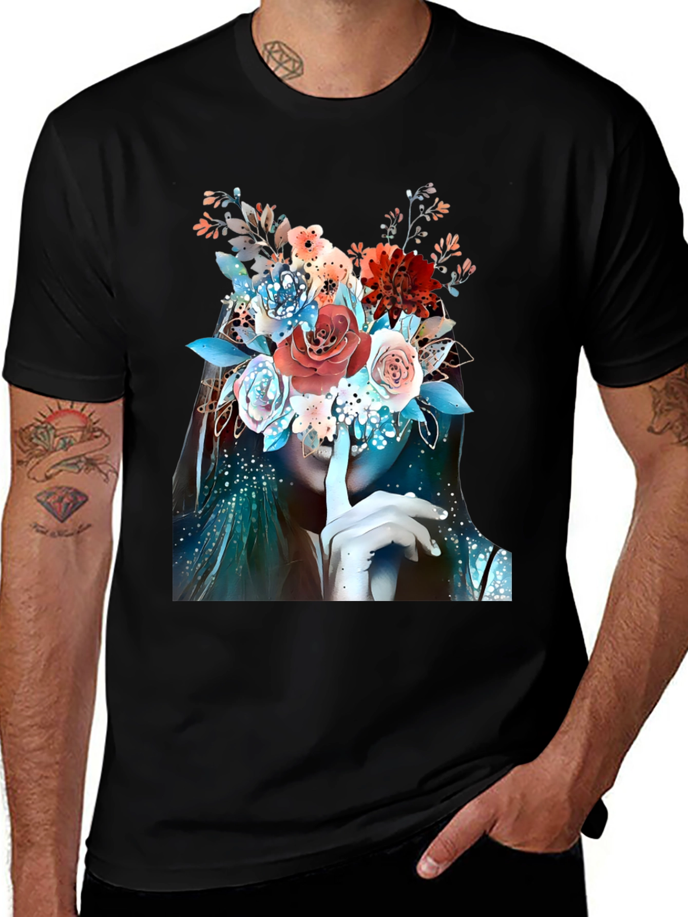 Floral Shhh Graphic T-Shirt - Elegant Artistic Design