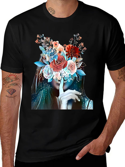Floral Shhh Graphic T-Shirt - Elegant Artistic Design