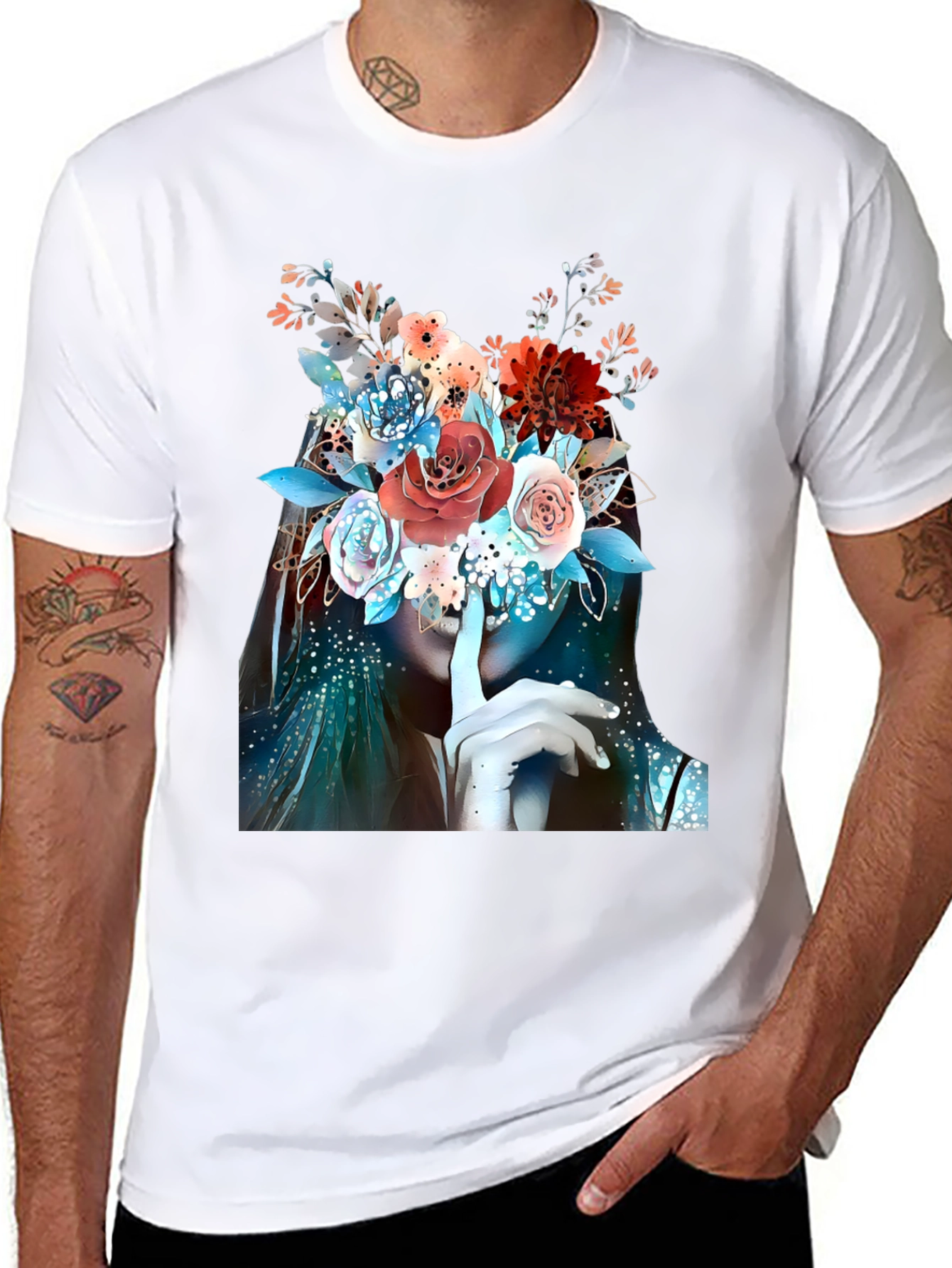 Floral Shhh Graphic T-Shirt - Elegant Artistic Design