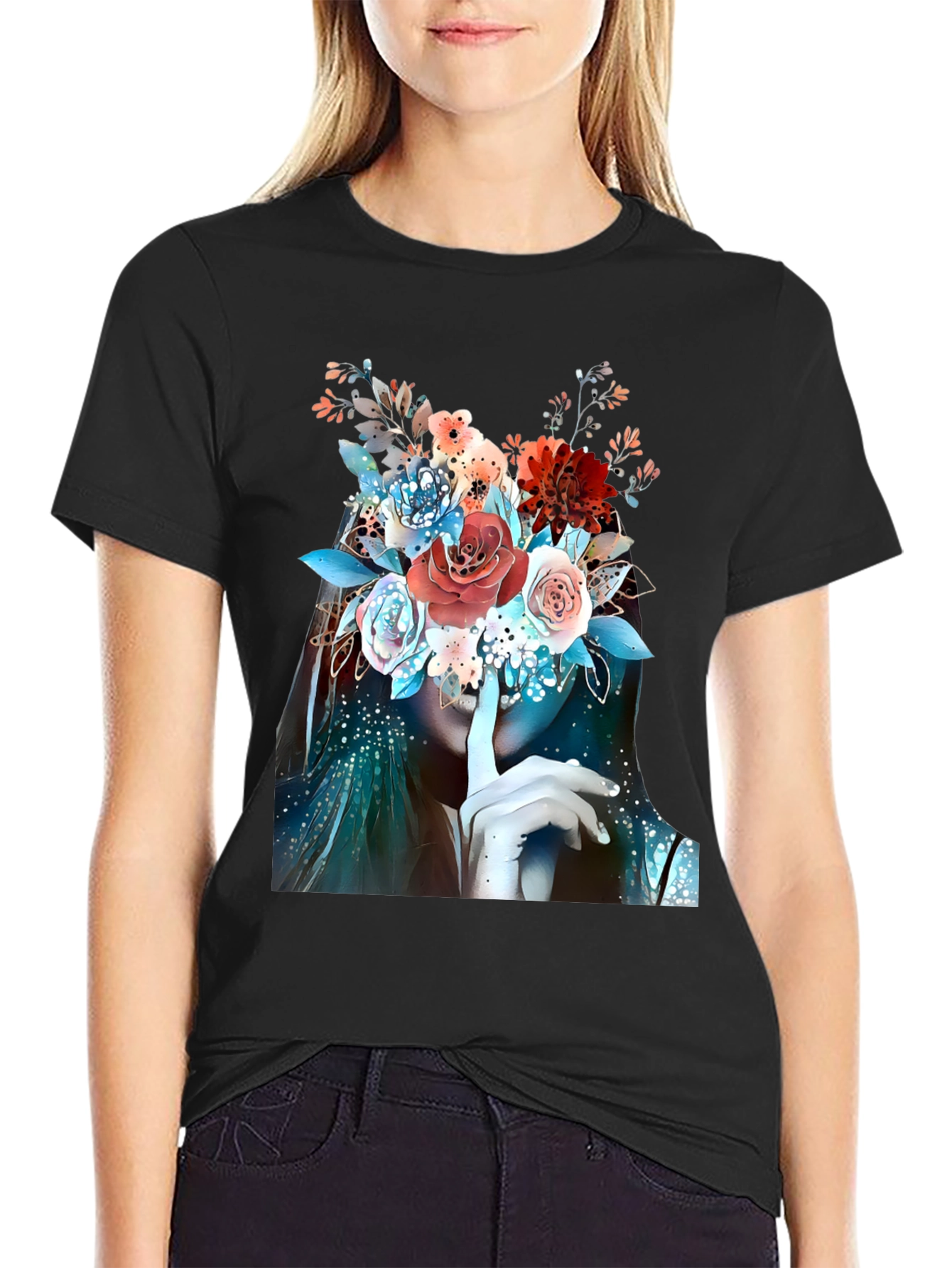 Floral Shhh Graphic T-Shirt - Elegant Artistic Design