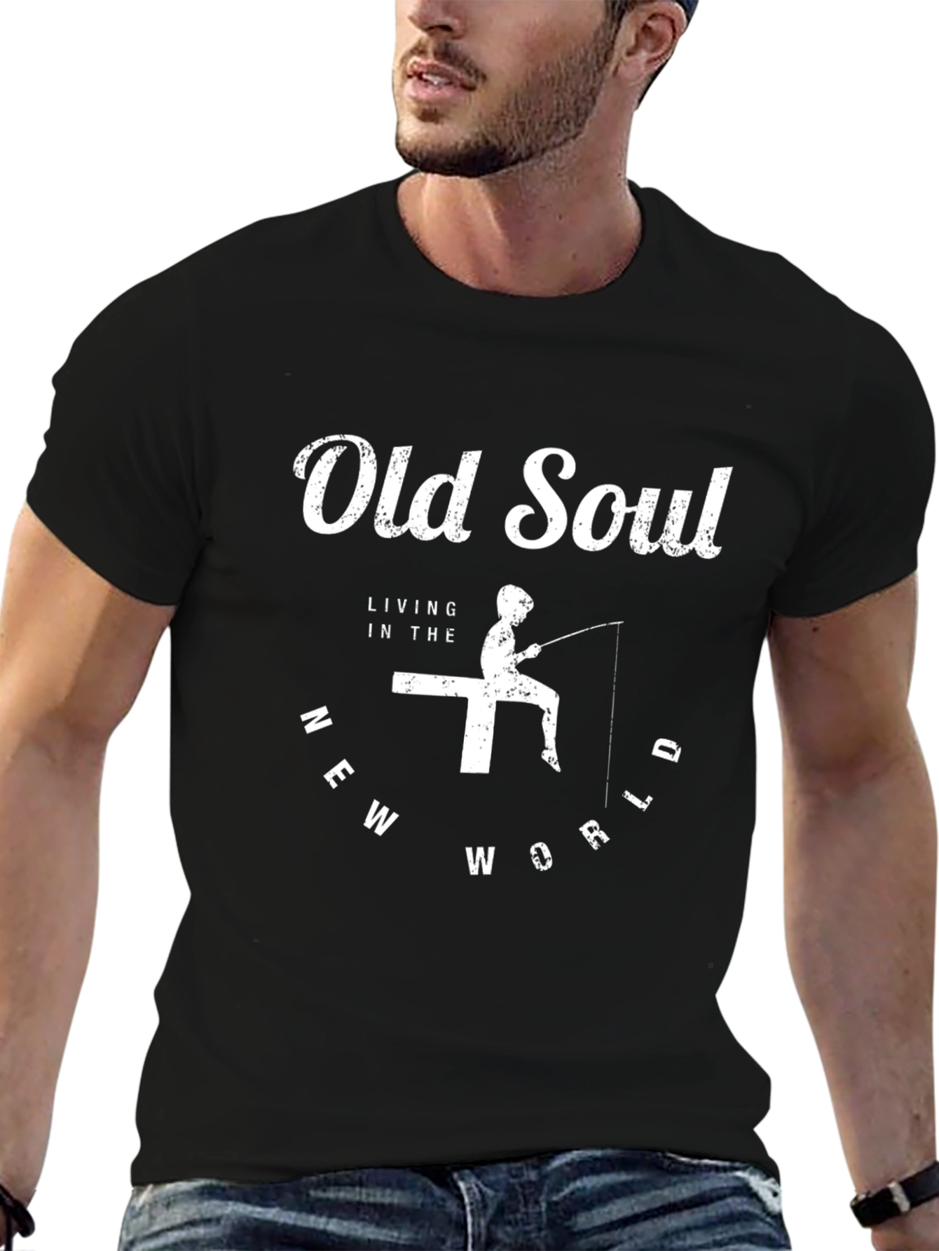 Old Soul Tee - Fishing Design Black Cotton T-Shirt