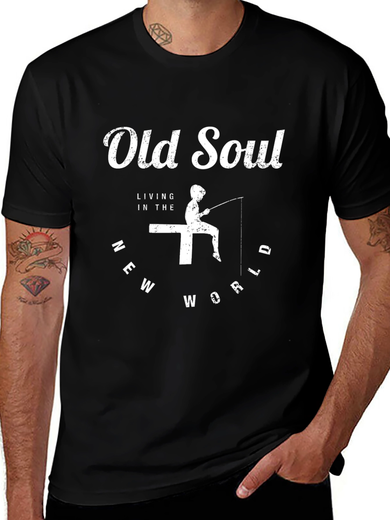 Old Soul Tee - Fishing Design Black Cotton T-Shirt