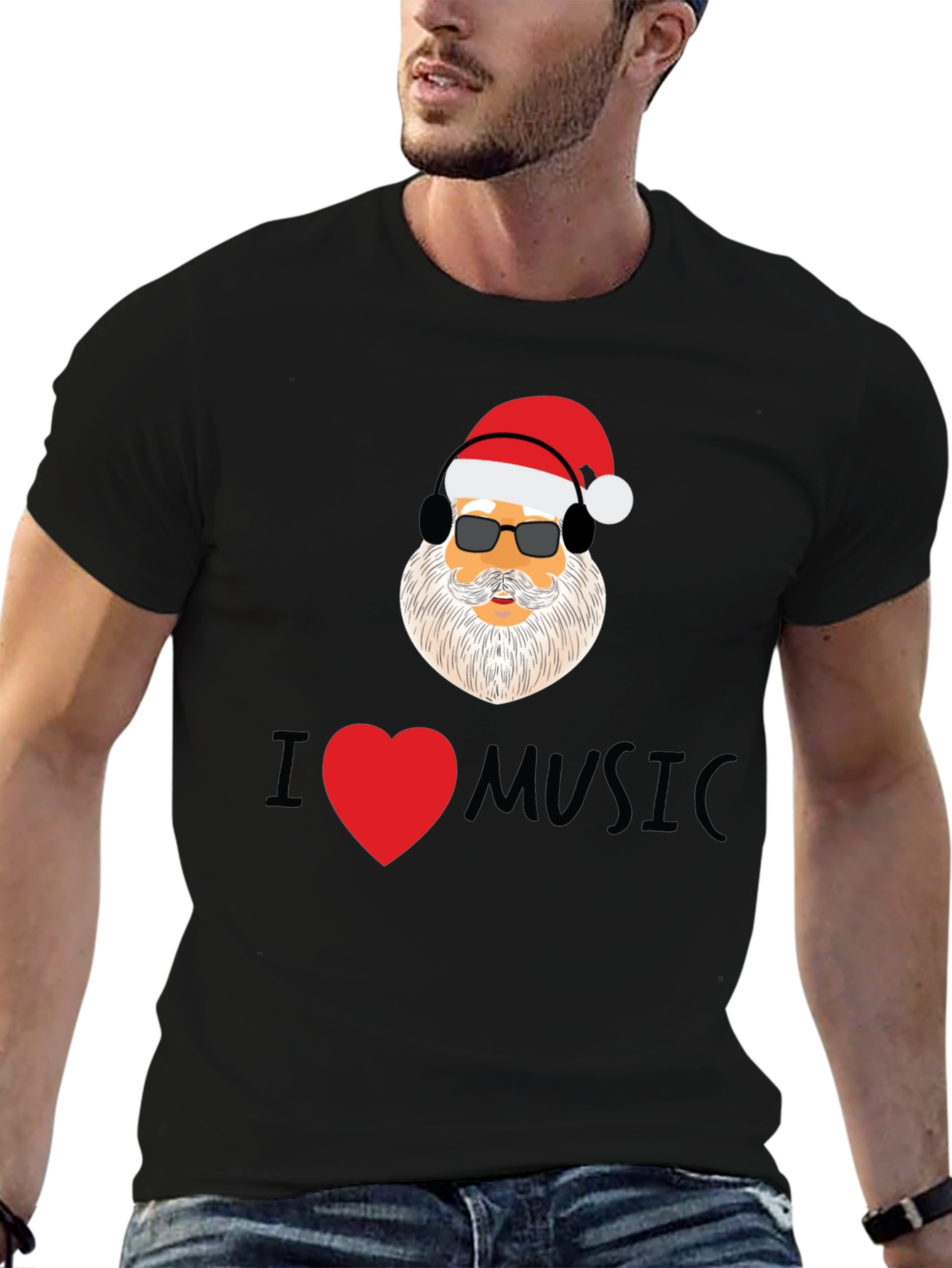 Santa I Heart Music Black T-Shirt