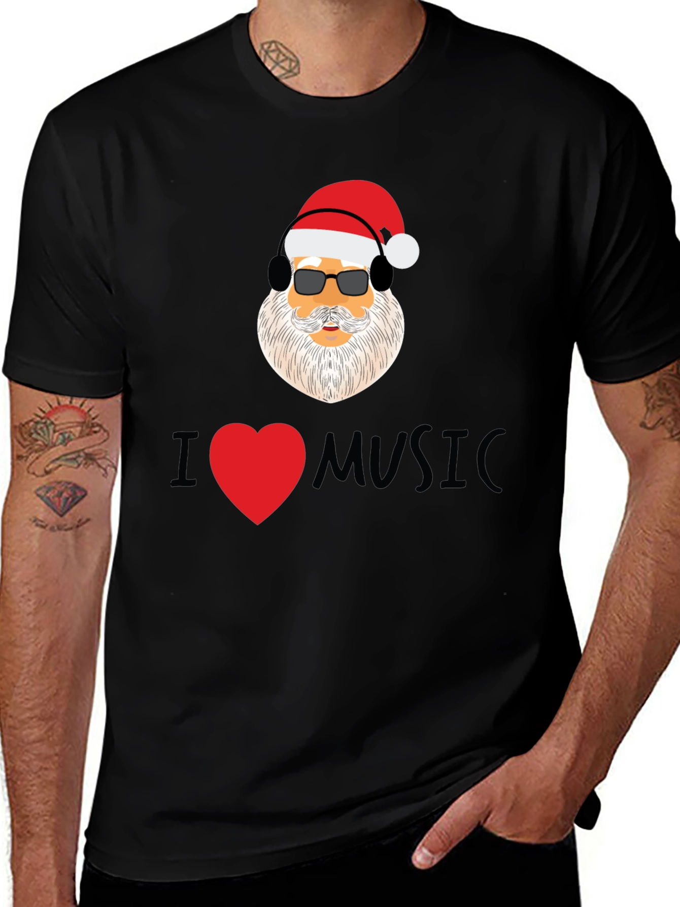 Santa I Heart Music Black T-Shirt