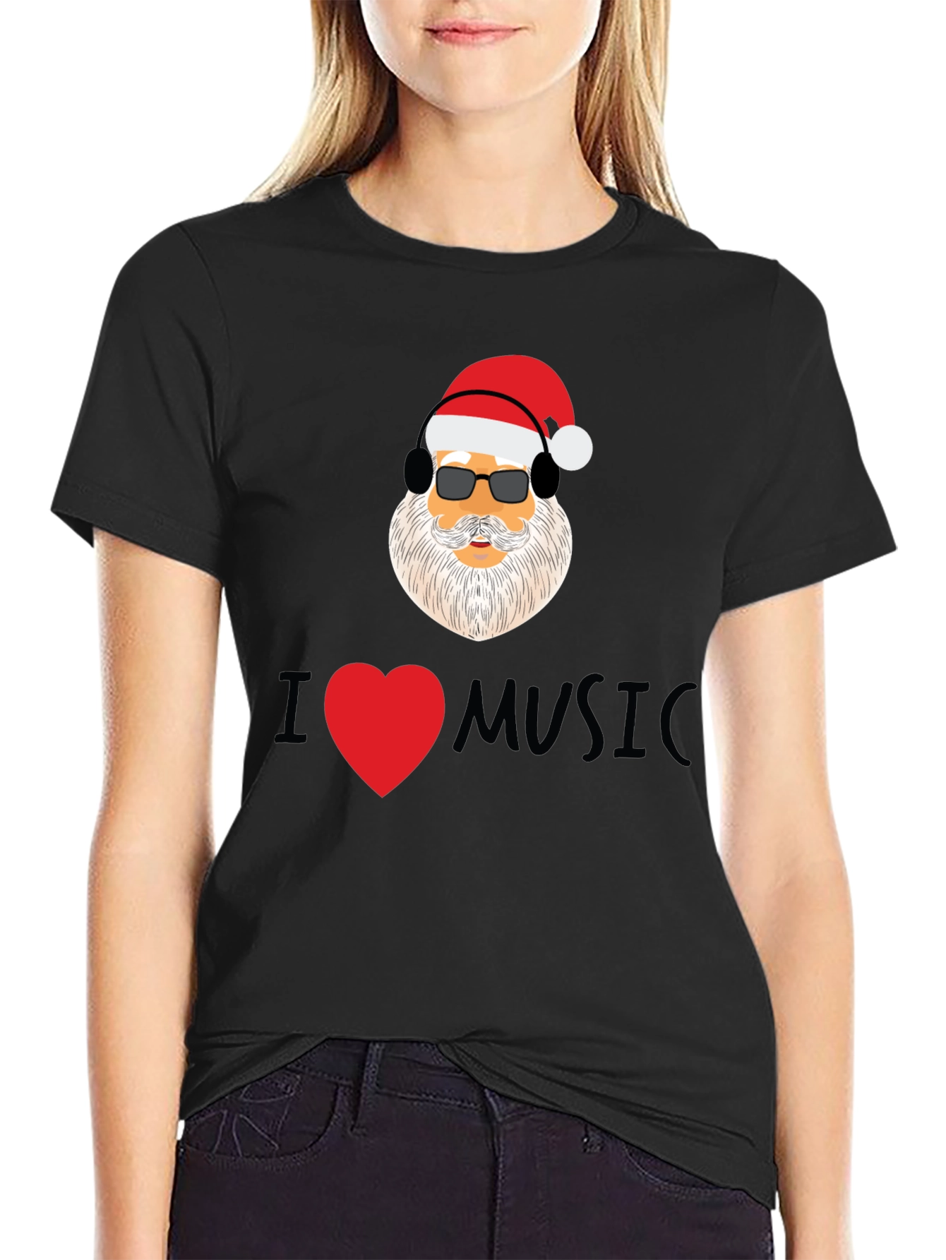 Santa I Heart Music Black T-Shirt