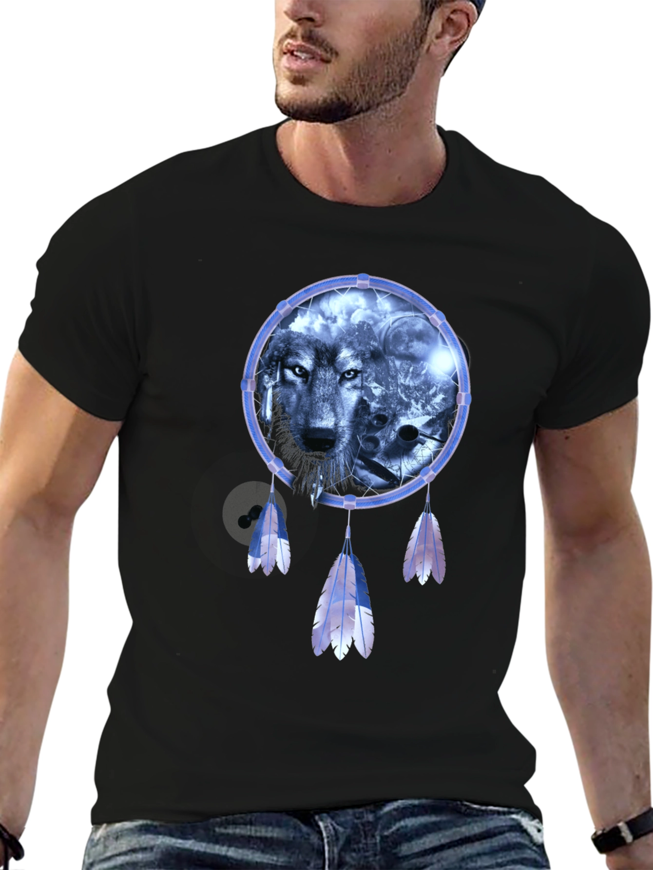 Wolf Dreamcatcher Graphic T-Shirt - Mens Black Tee