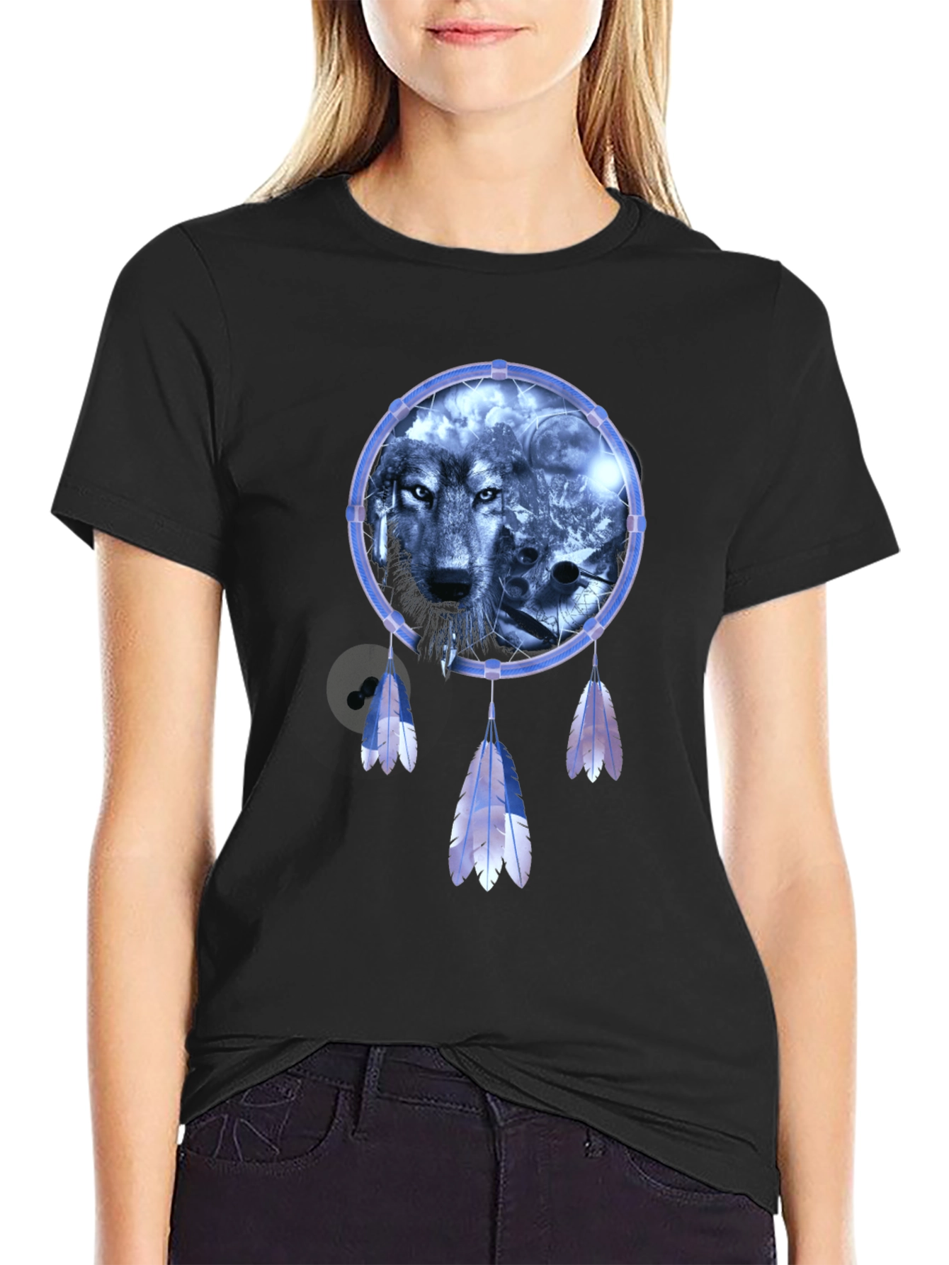 Wolf Dreamcatcher Graphic T-Shirt - Mens Black Tee